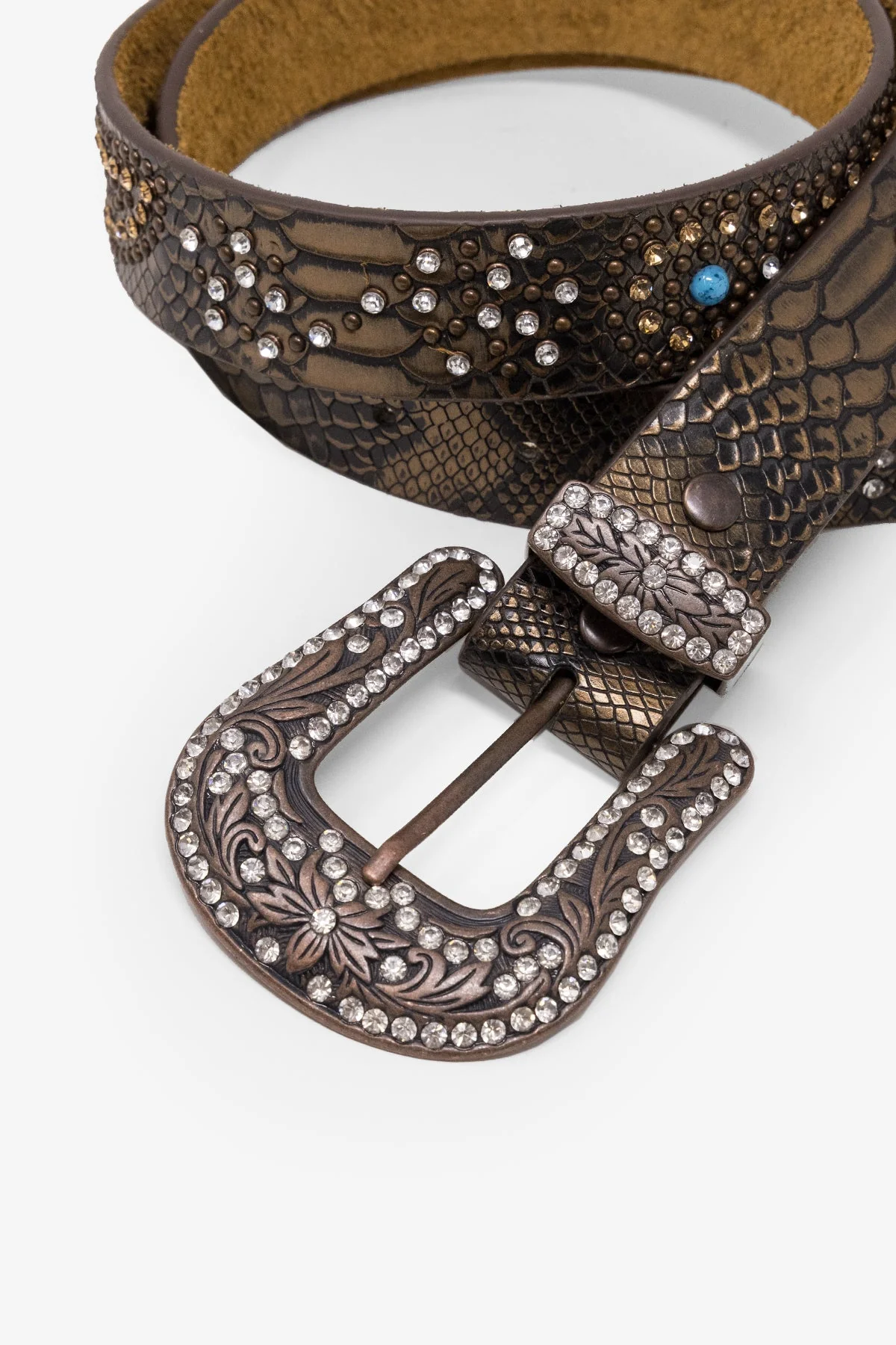 Snake Skin Turquoise Studded Belt - Brown - Image 4