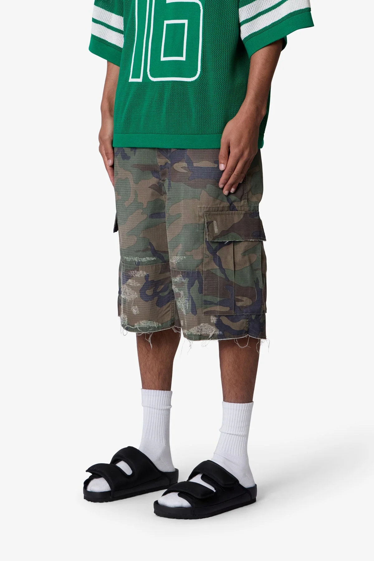 Baggy Distressed Cargo Shorts - Washed Camo - Image 3