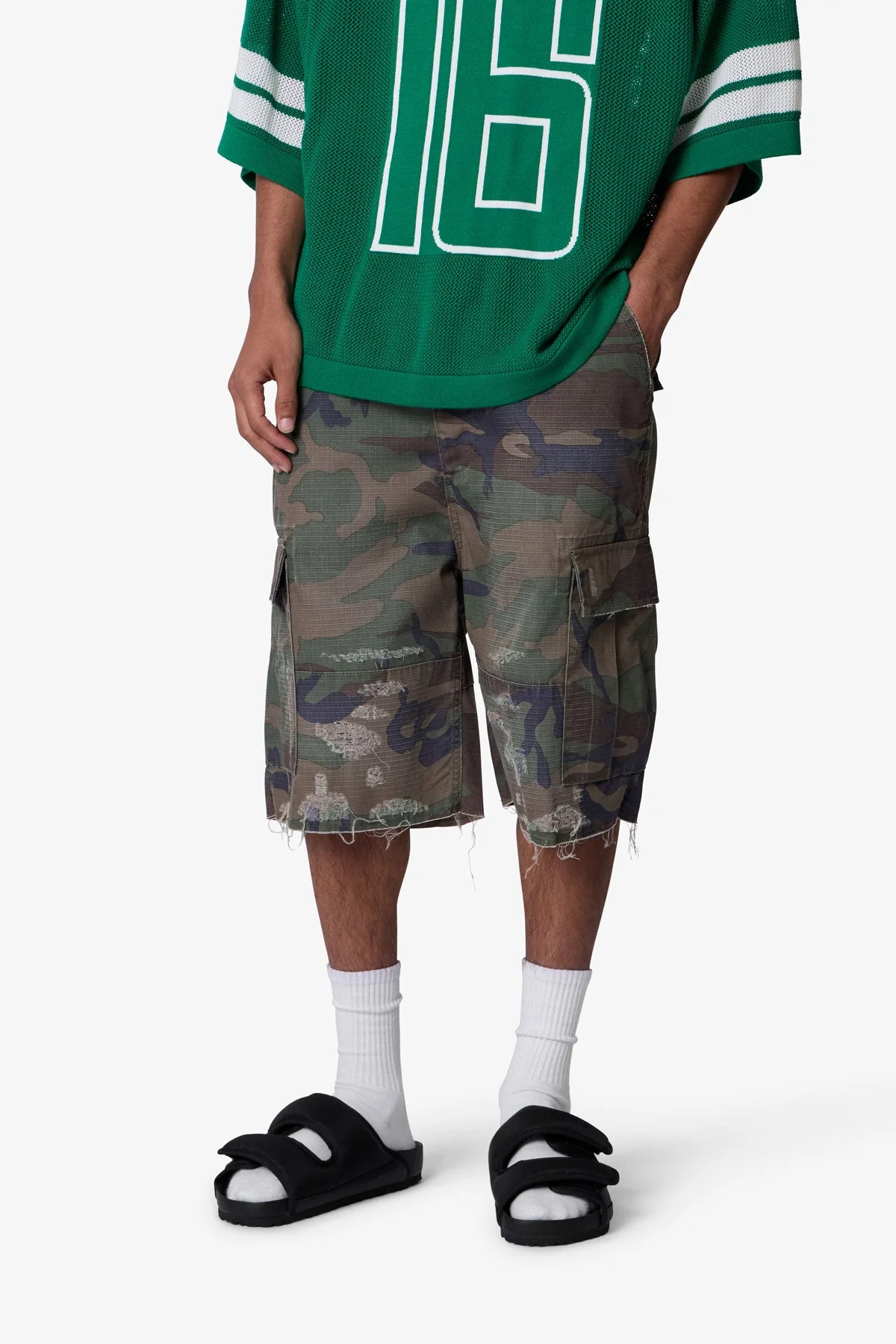 Baggy Distressed Cargo Shorts - Washed Camo - Image 6