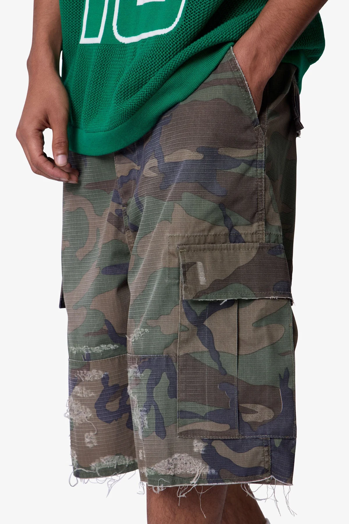 Baggy Distressed Cargo Shorts - Washed Camo - Image 7