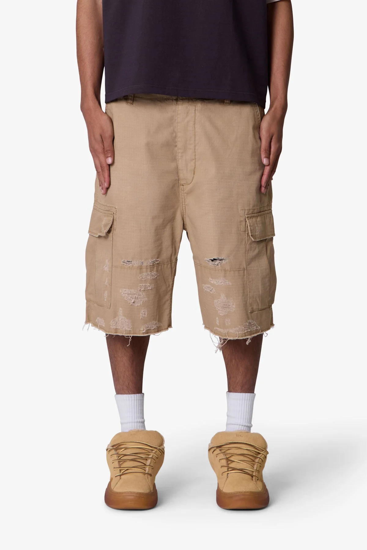 Baggy Distressed Cargo Shorts - Washed Khaki - Image 2