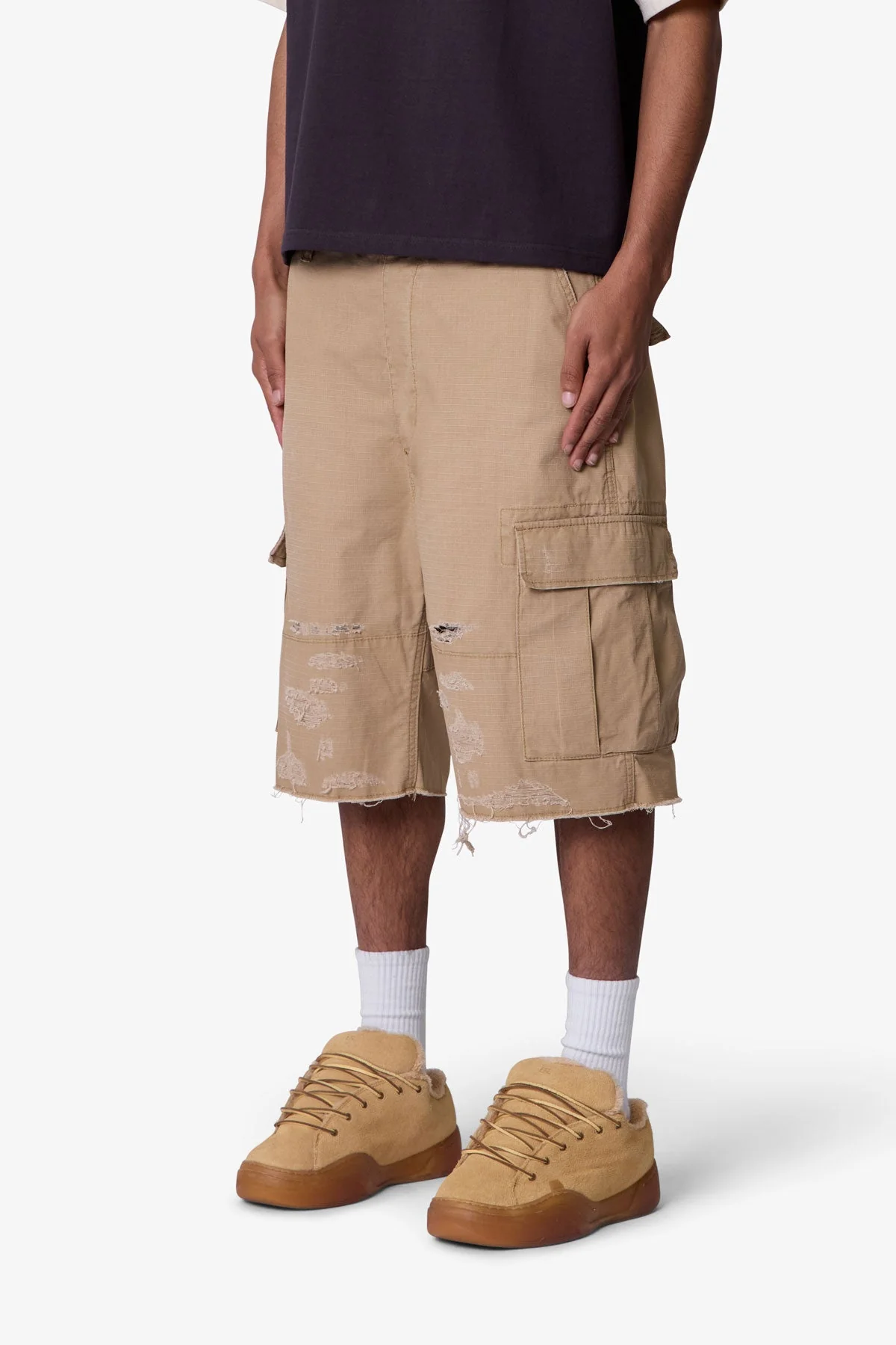 Baggy Distressed Cargo Shorts - Washed Khaki - Image 3