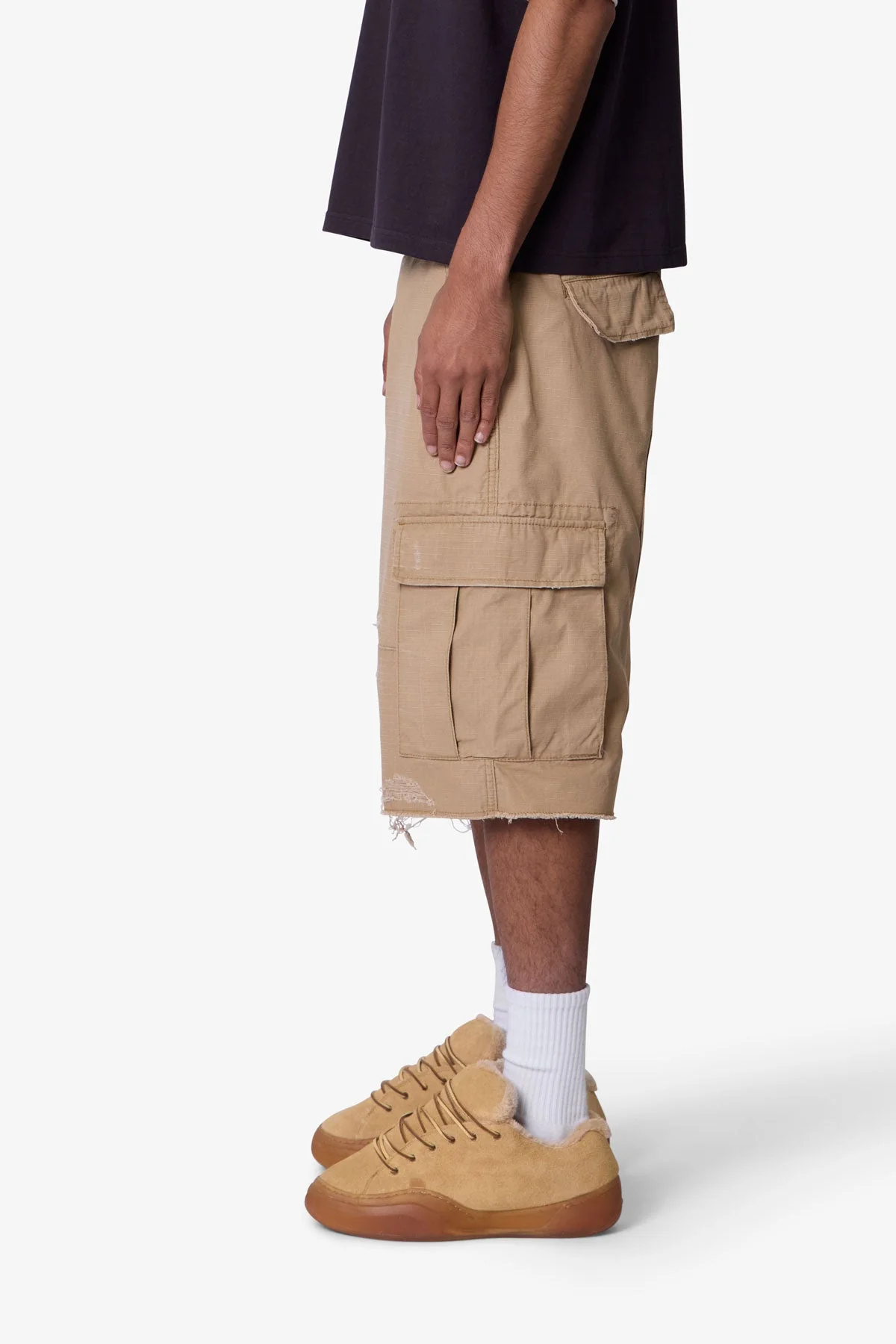 Baggy Distressed Cargo Shorts - Washed Khaki - Image 4
