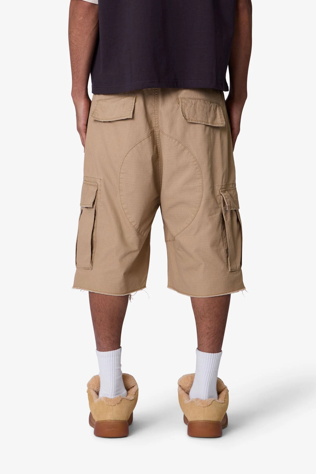 Baggy Distressed Cargo Shorts - Washed Khaki - Image 5