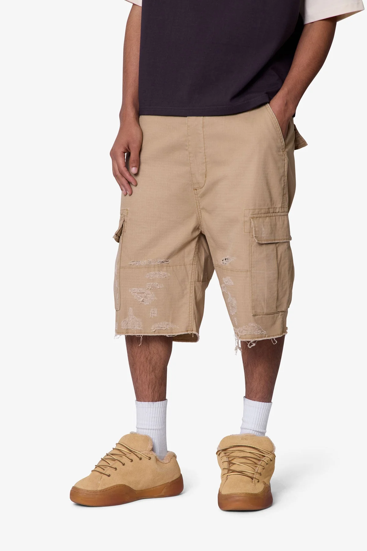 Baggy Distressed Cargo Shorts - Washed Khaki - Image 6