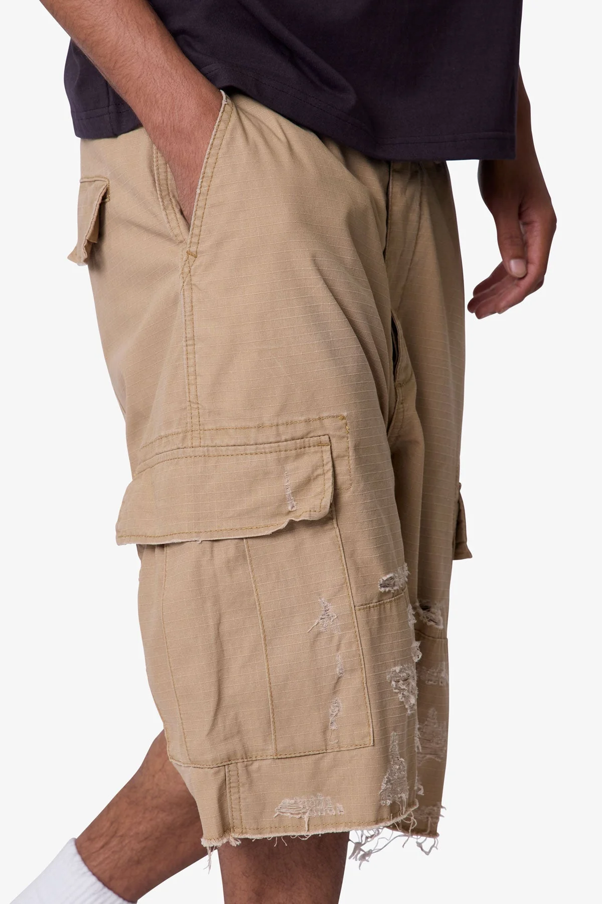 Baggy Distressed Cargo Shorts - Washed Khaki - Image 7