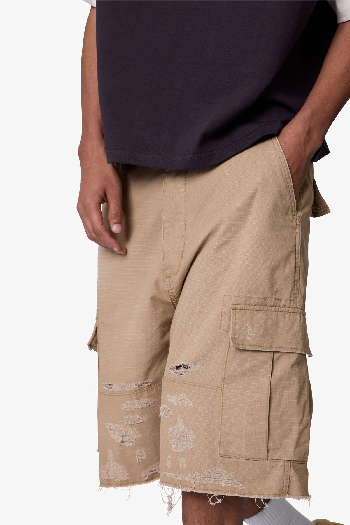 Baggy Distressed Cargo Shorts - Washed Khaki - Image 8