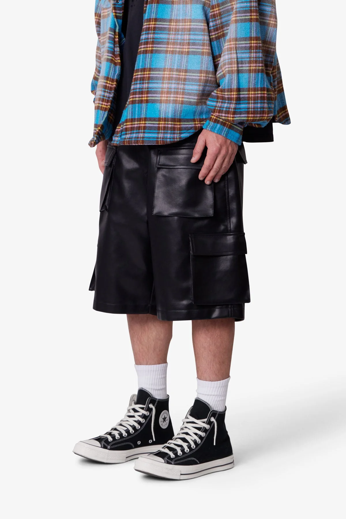 Baggy Leather Cargo Shorts - Black - Image 3