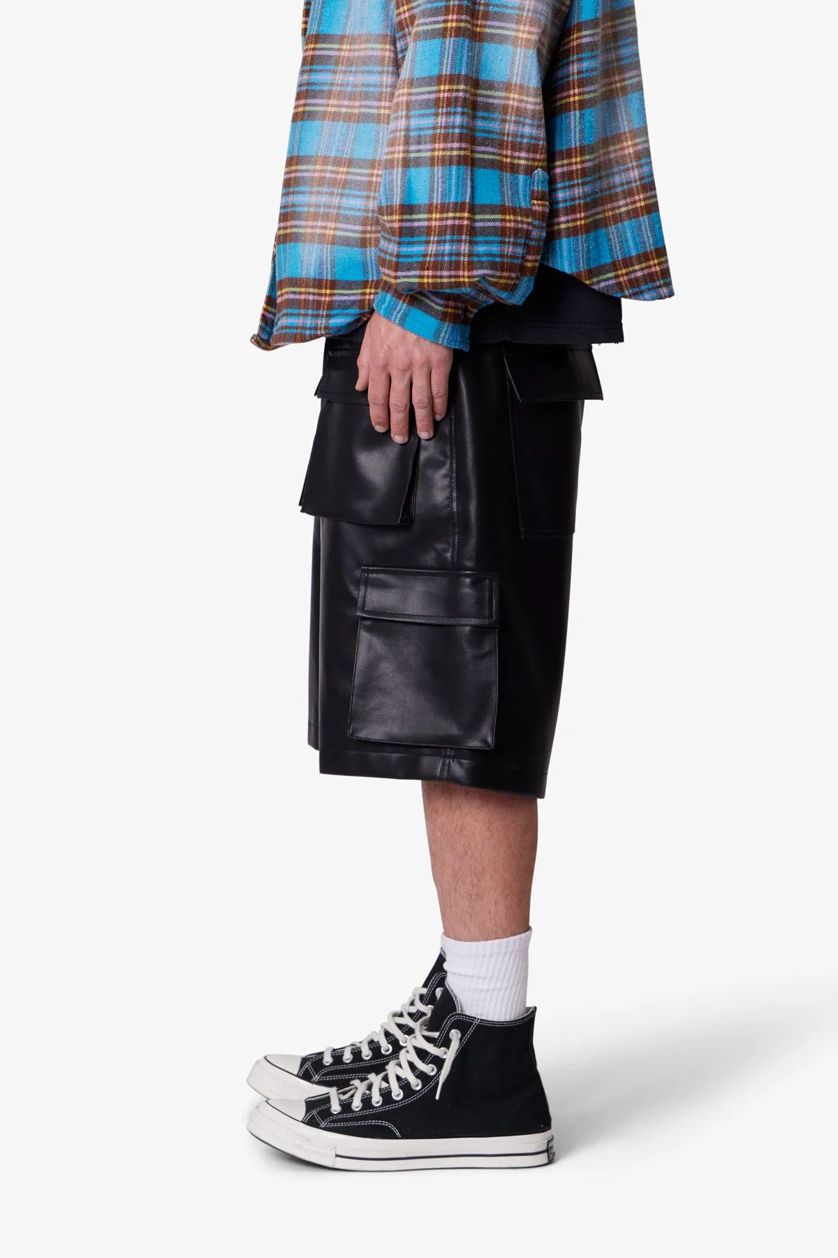 Baggy Leather Cargo Shorts - Black - Image 4