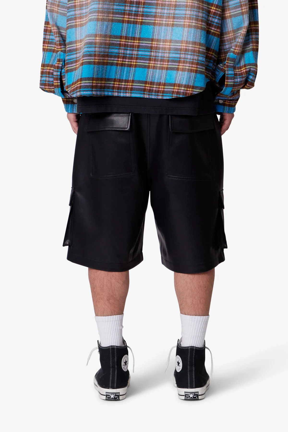 Baggy Leather Cargo Shorts - Black - Image 5