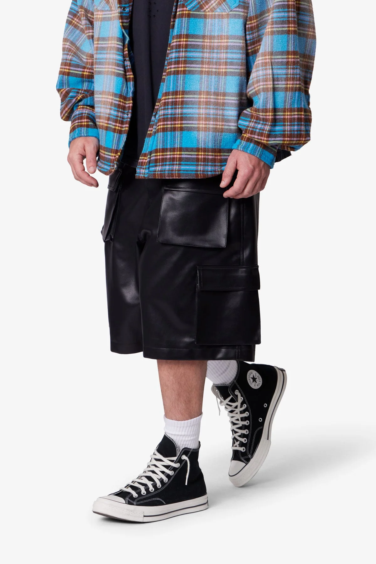 Baggy Leather Cargo Shorts - Black - Image 6