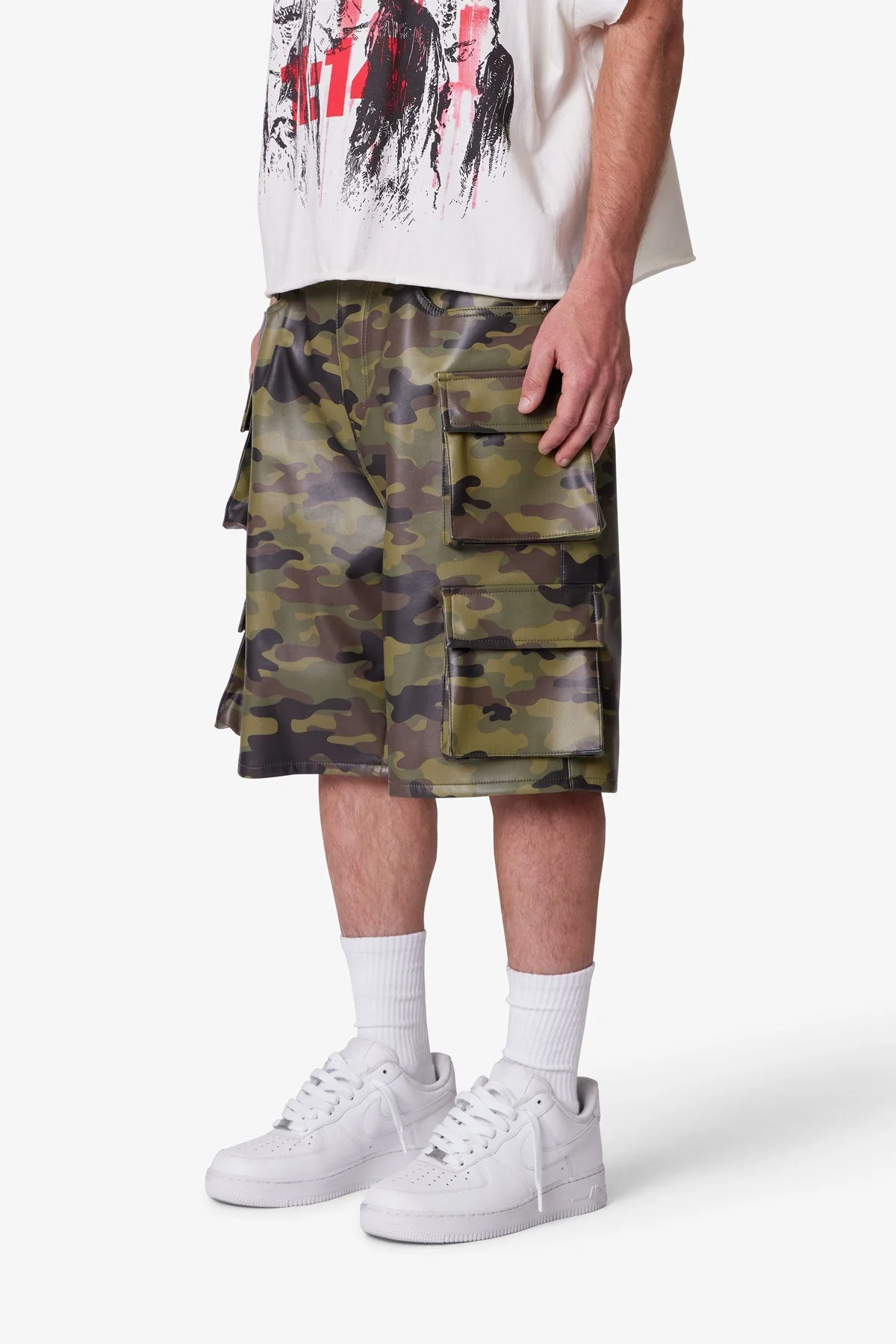 Baggy Leather Cargo Shorts - Camo - Image 3