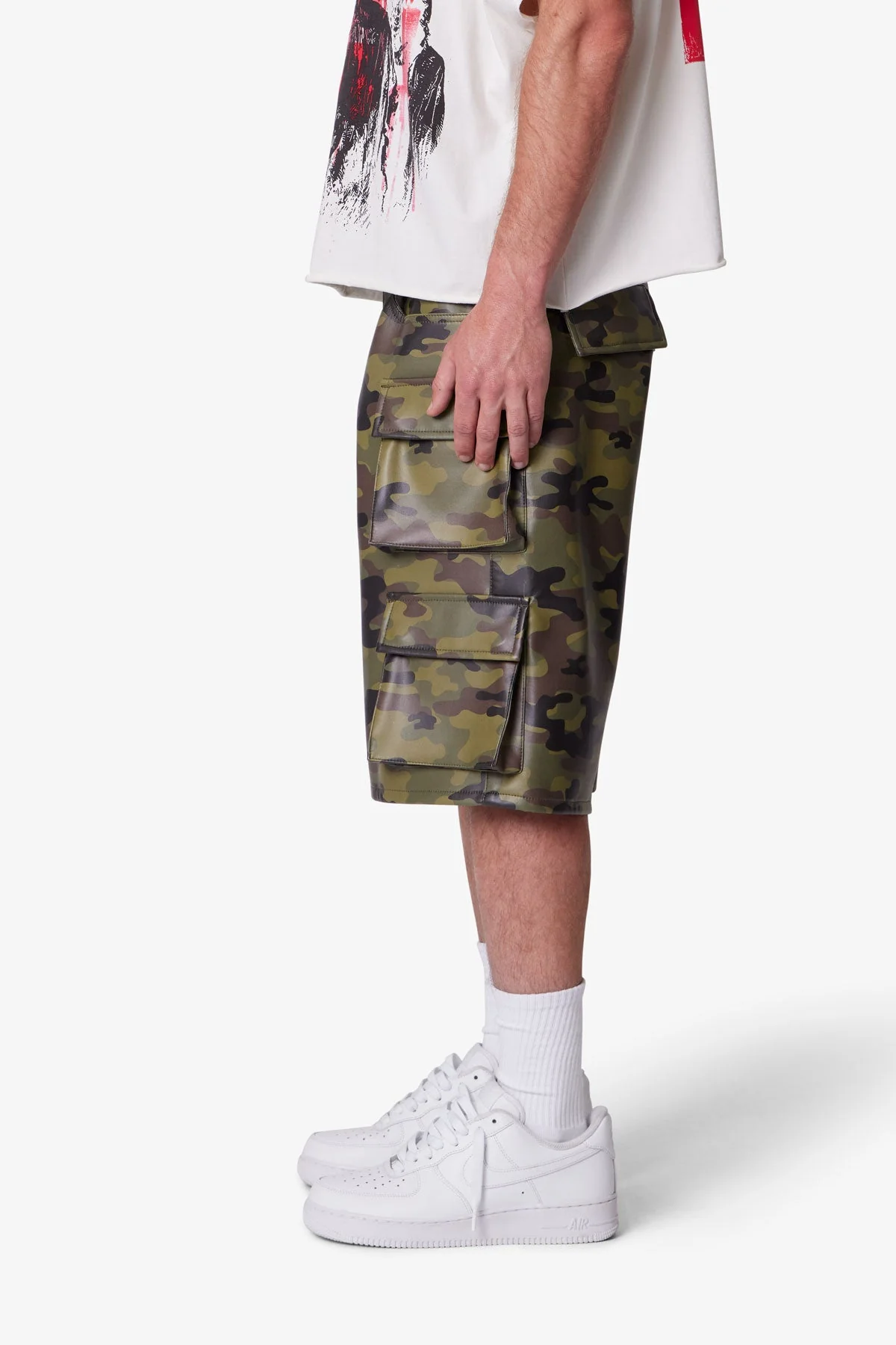 Baggy Leather Cargo Shorts - Camo - Image 4