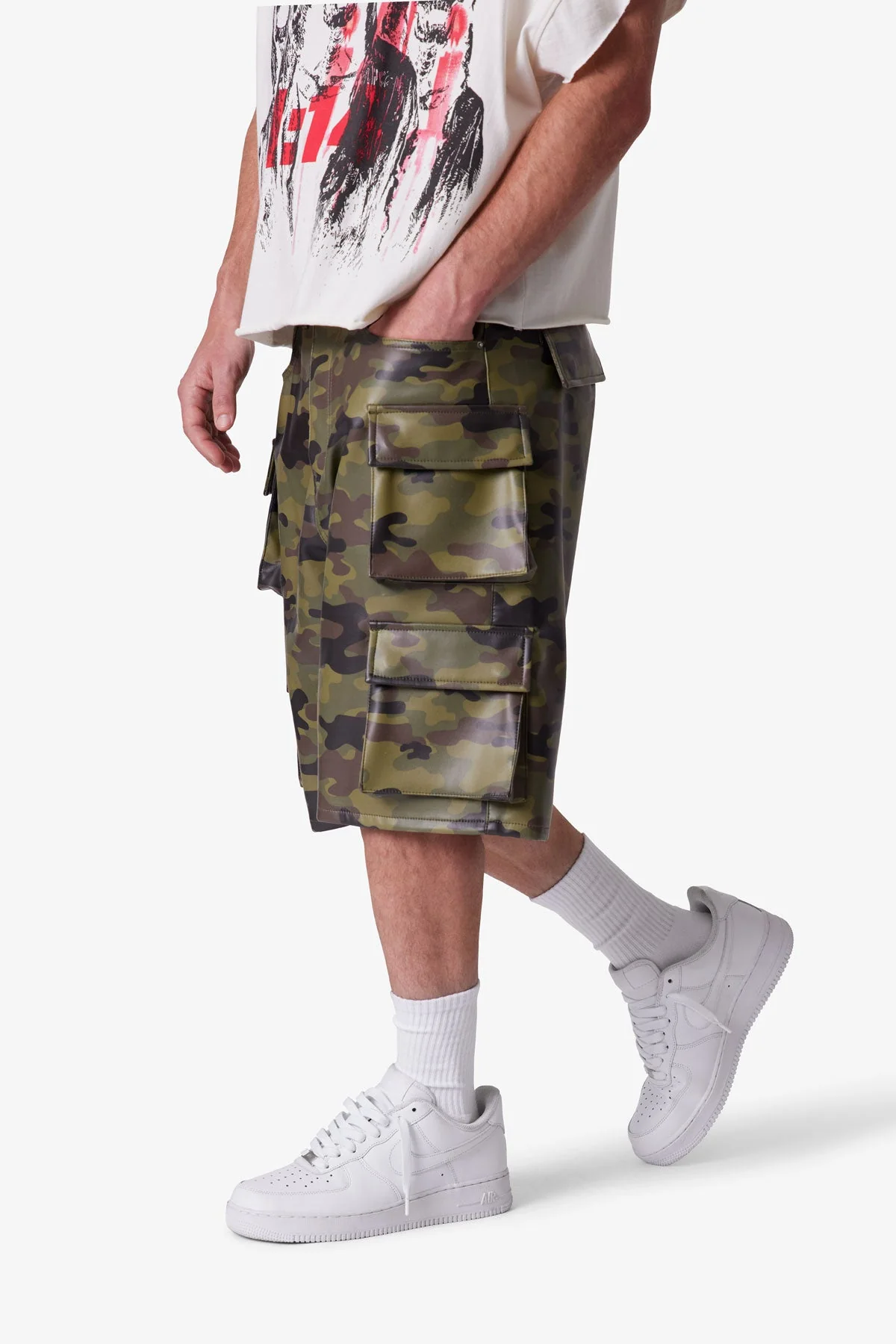Baggy Leather Cargo Shorts - Camo - Image 6