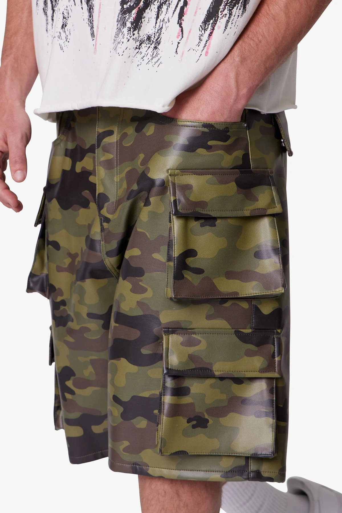 Baggy Leather Cargo Shorts - Camo - Image 7