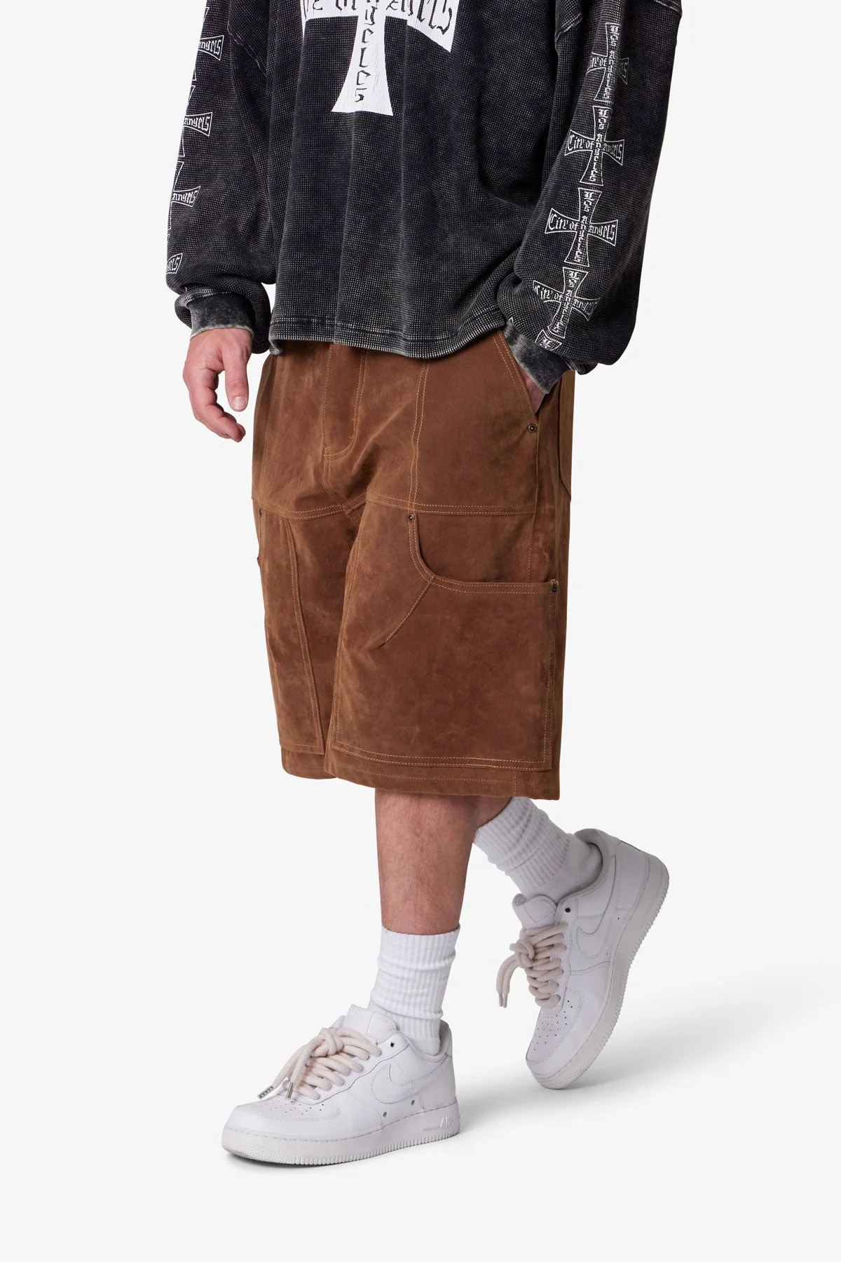 Baggy Suede Work Shorts - Brown - Image 6