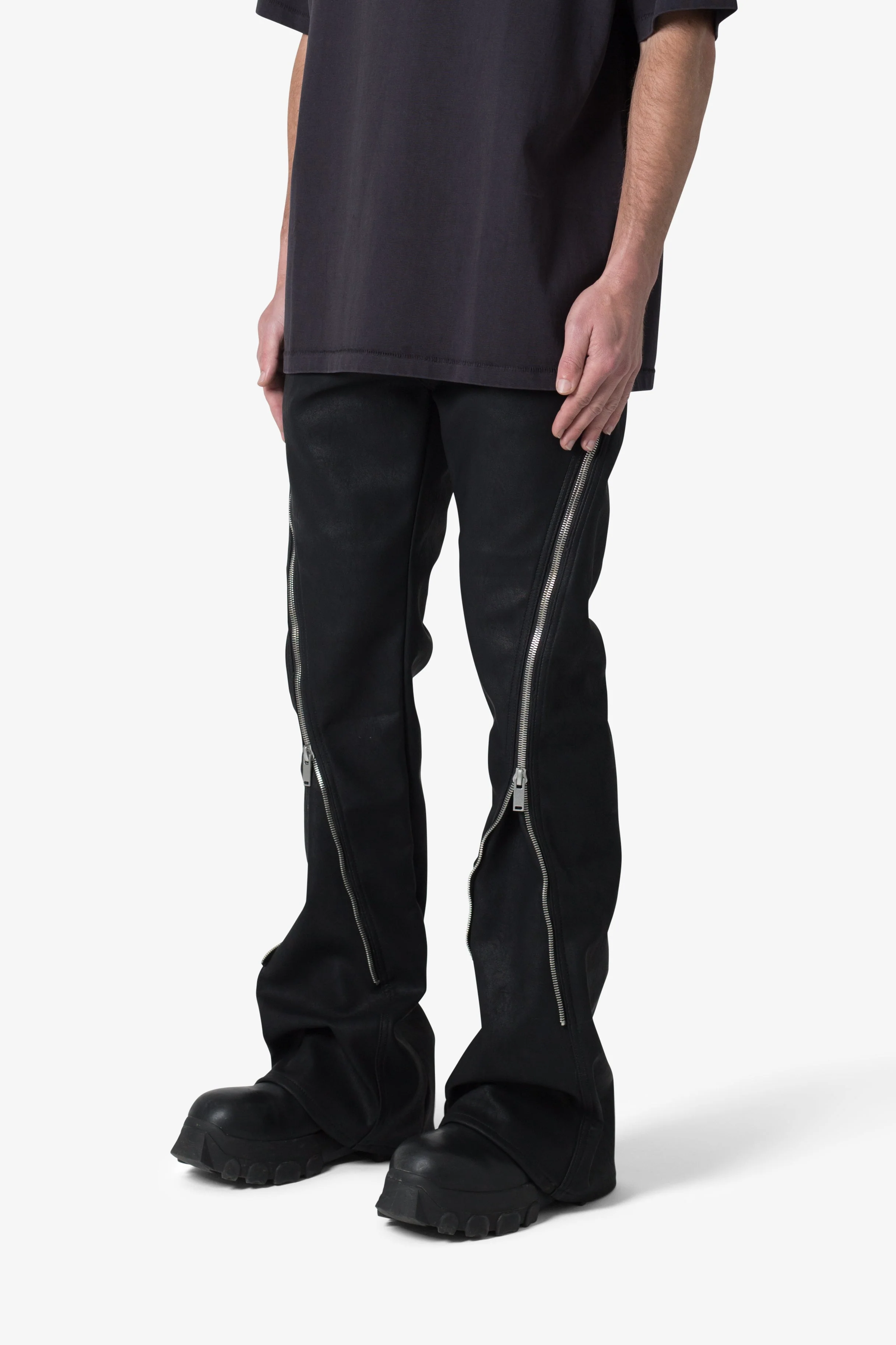 D519 Leather Zipper Flare Pants - Black - Image 3