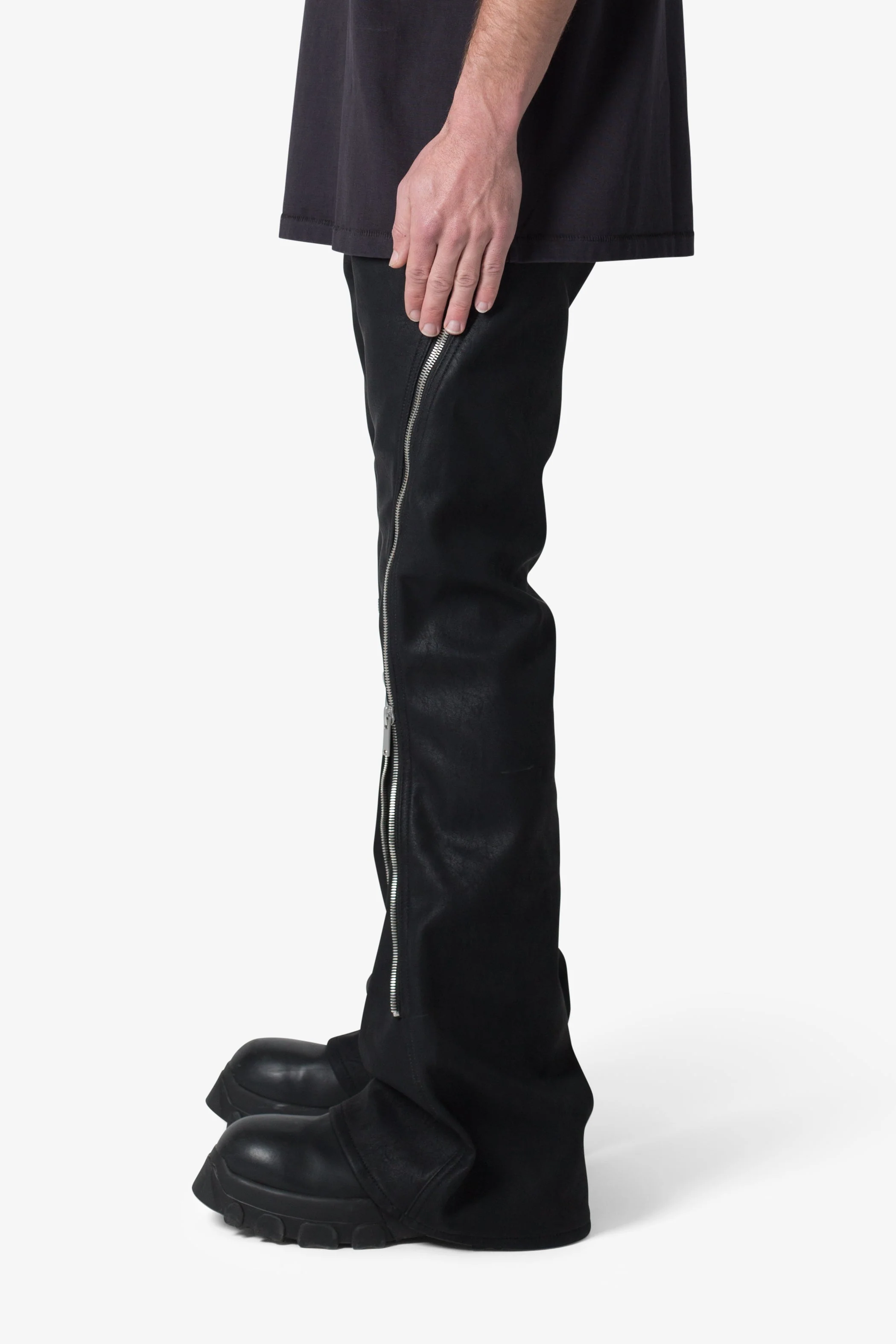 D519 Leather Zipper Flare Pants - Black - Image 4
