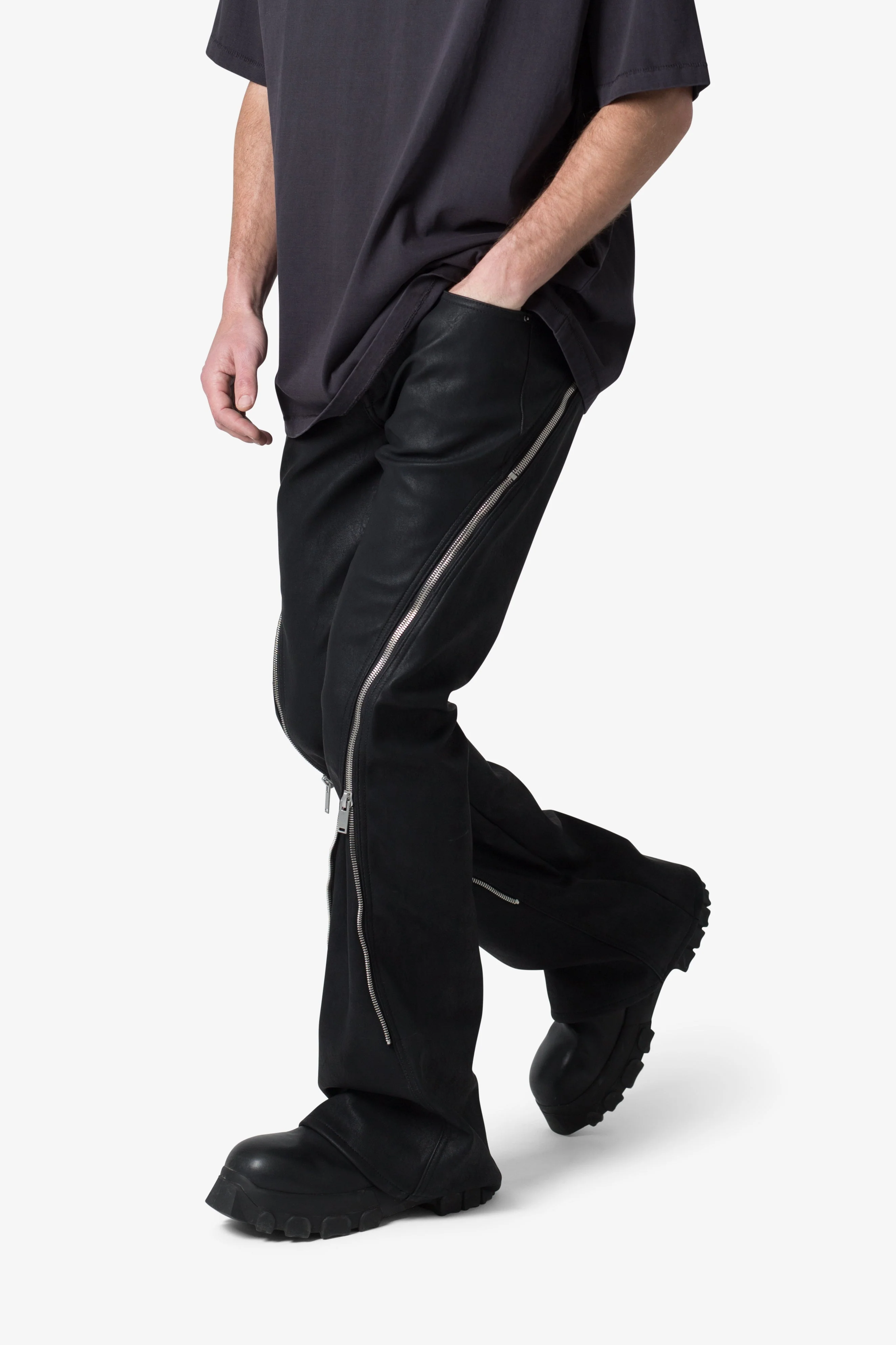 D519 Leather Zipper Flare Pants - Black - Image 6