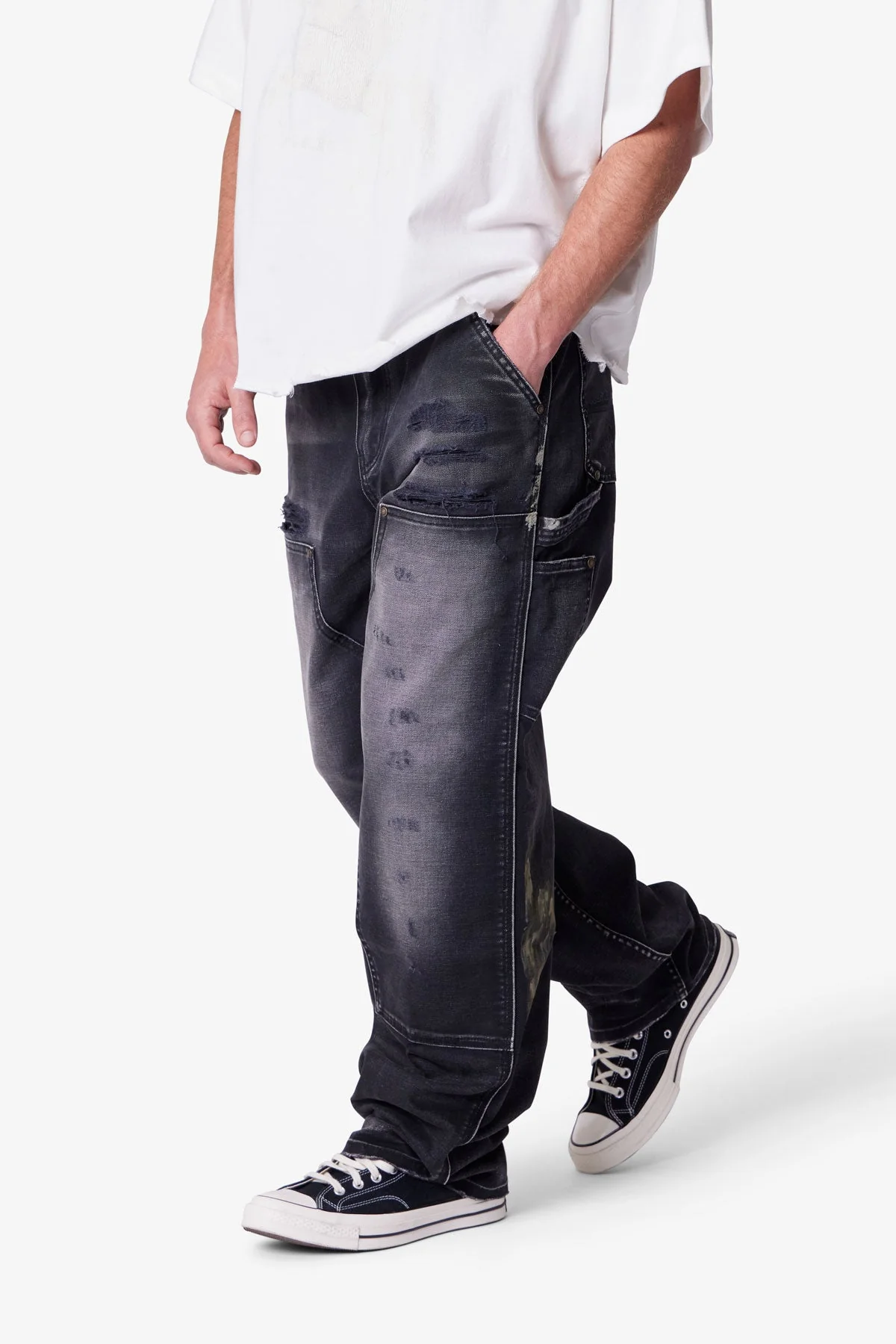Faded Distressed Carpenter Pants - Black - Image 6