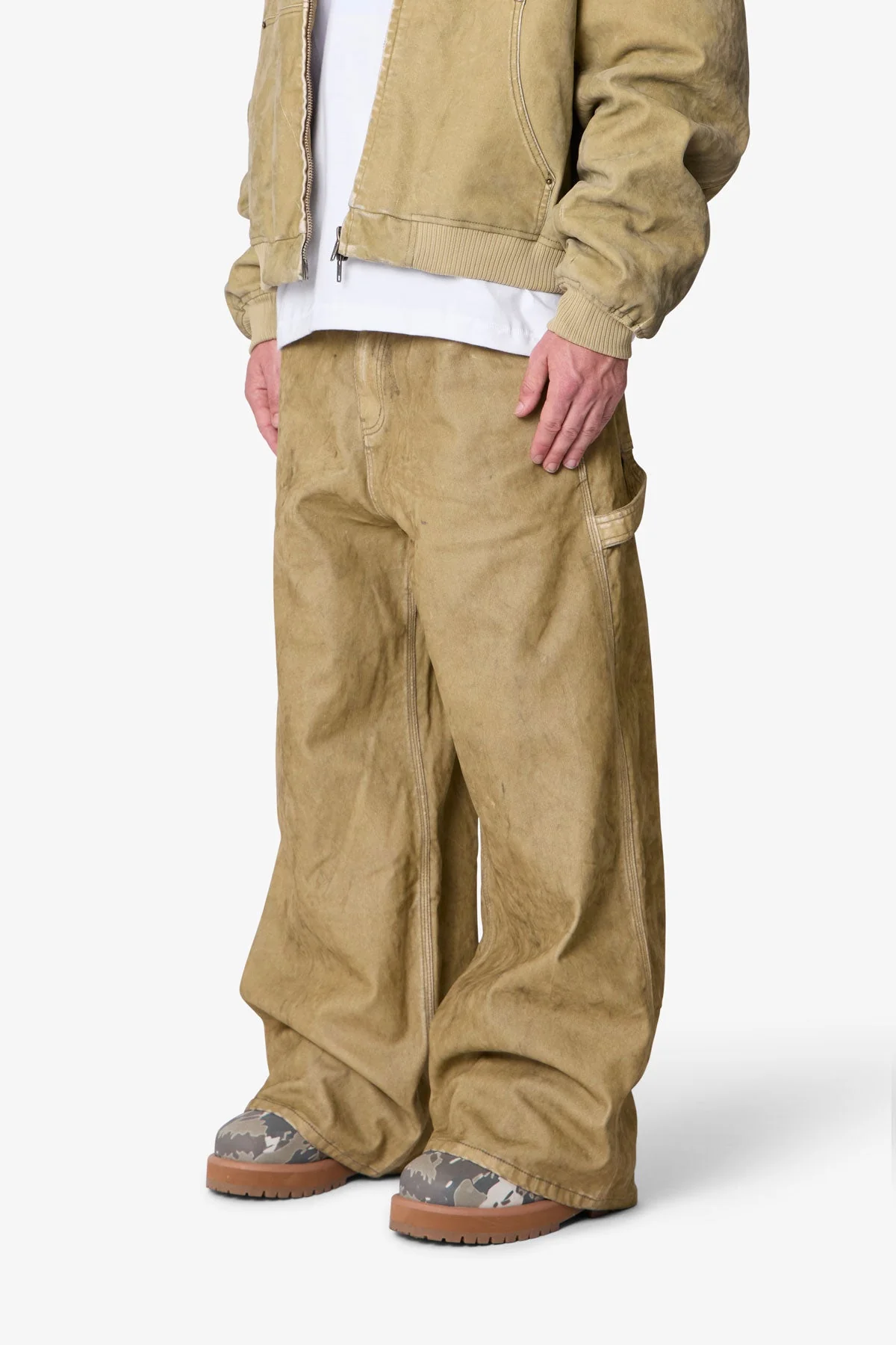 Flocked Oversized Work Pants - Tan - Image 3
