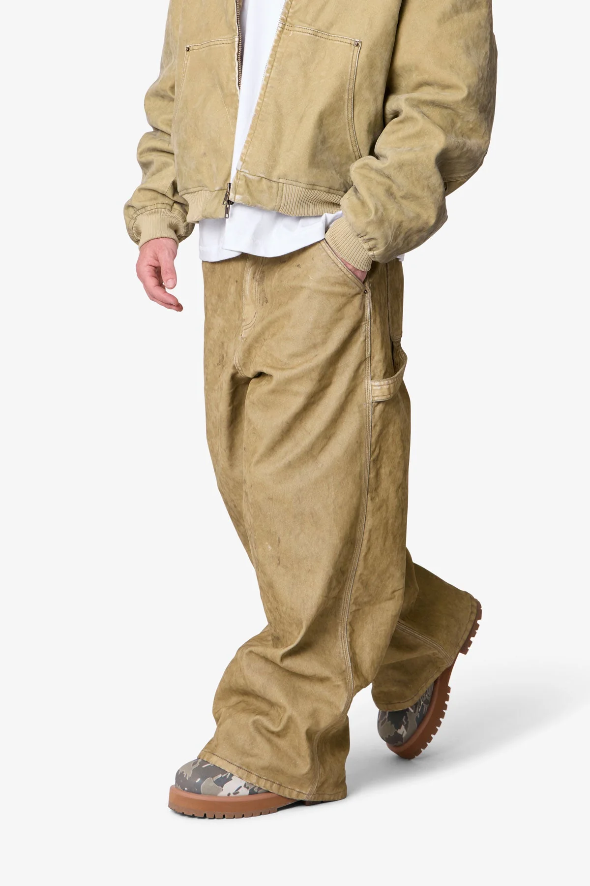 Flocked Oversized Work Pants - Tan - Image 6
