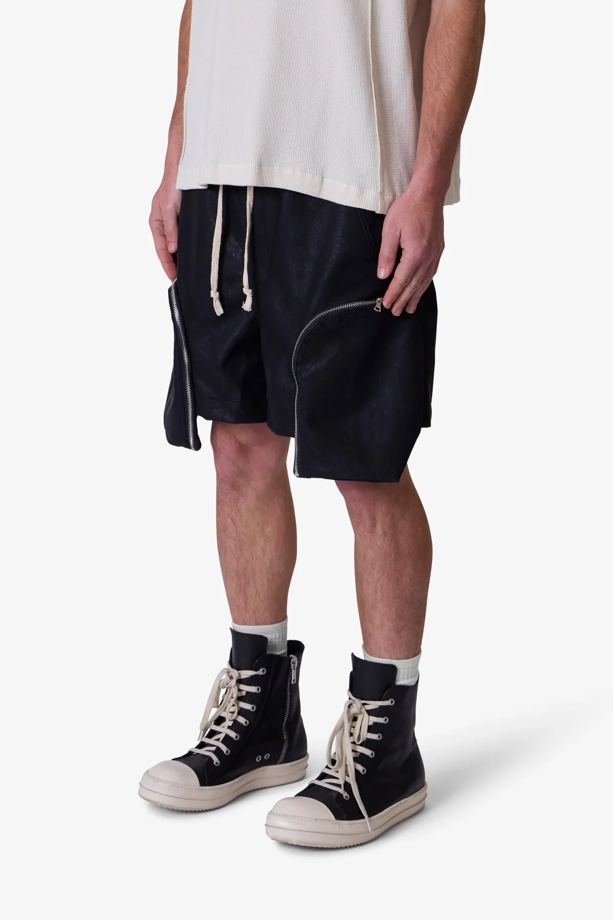 Leather Pocket Geo Shorts - Black - Image 3
