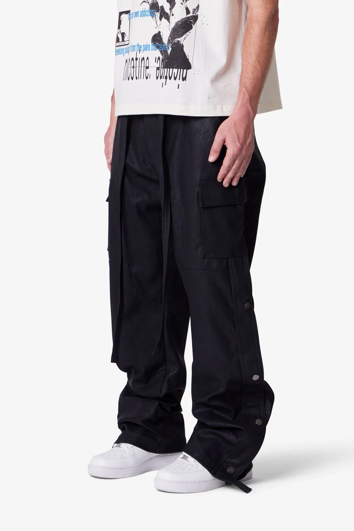 Ultra Baggy Leather Snap Cargo Pants - Black - Image 3