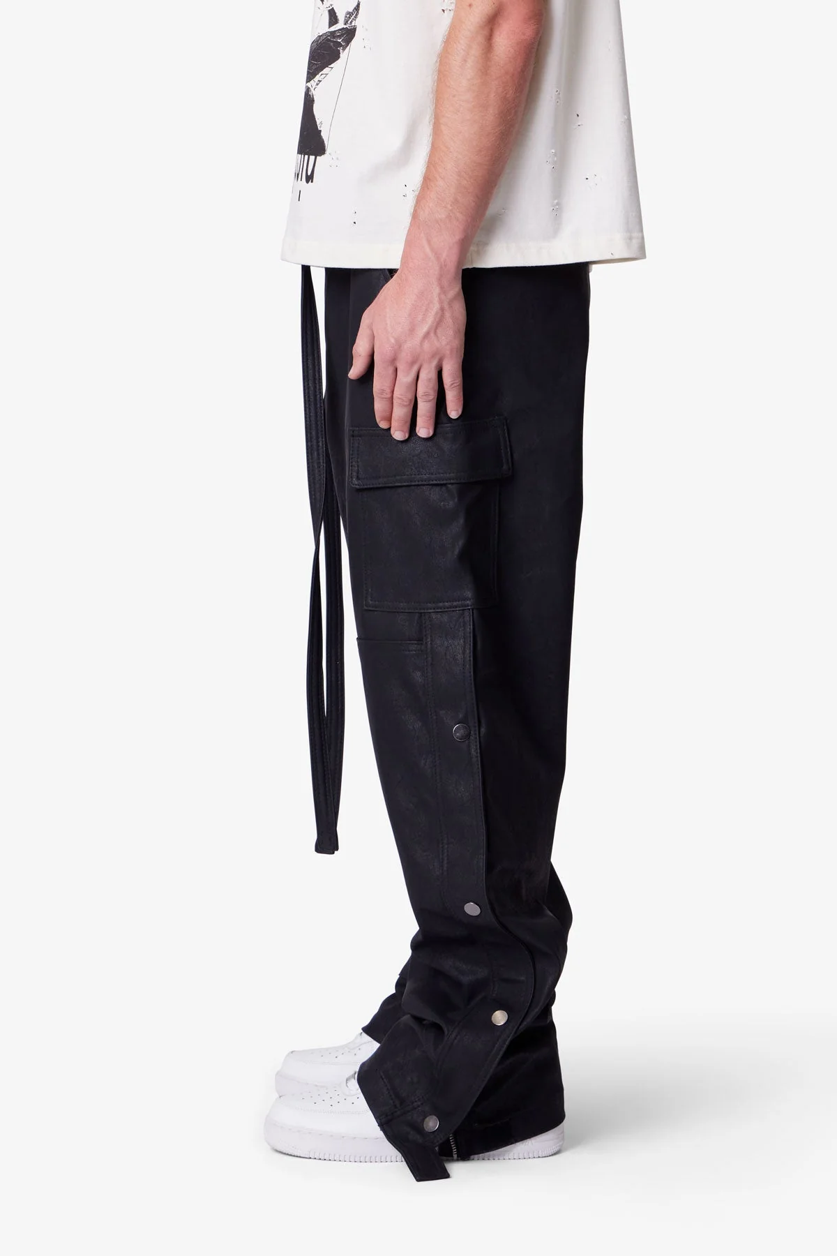 Ultra Baggy Leather Snap Cargo Pants - Black - Image 4