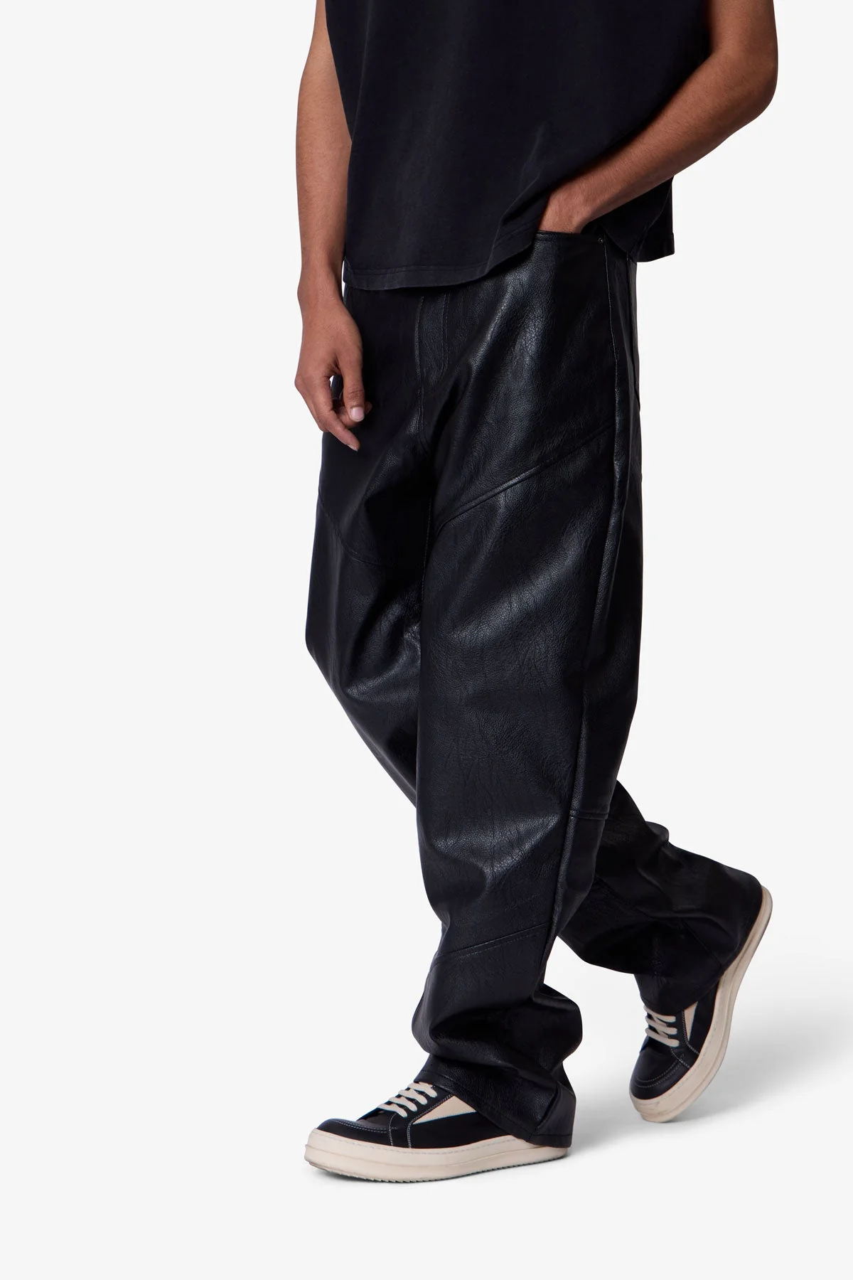 Ultra Baggy Paneled Leather Pants - Black - Image 6