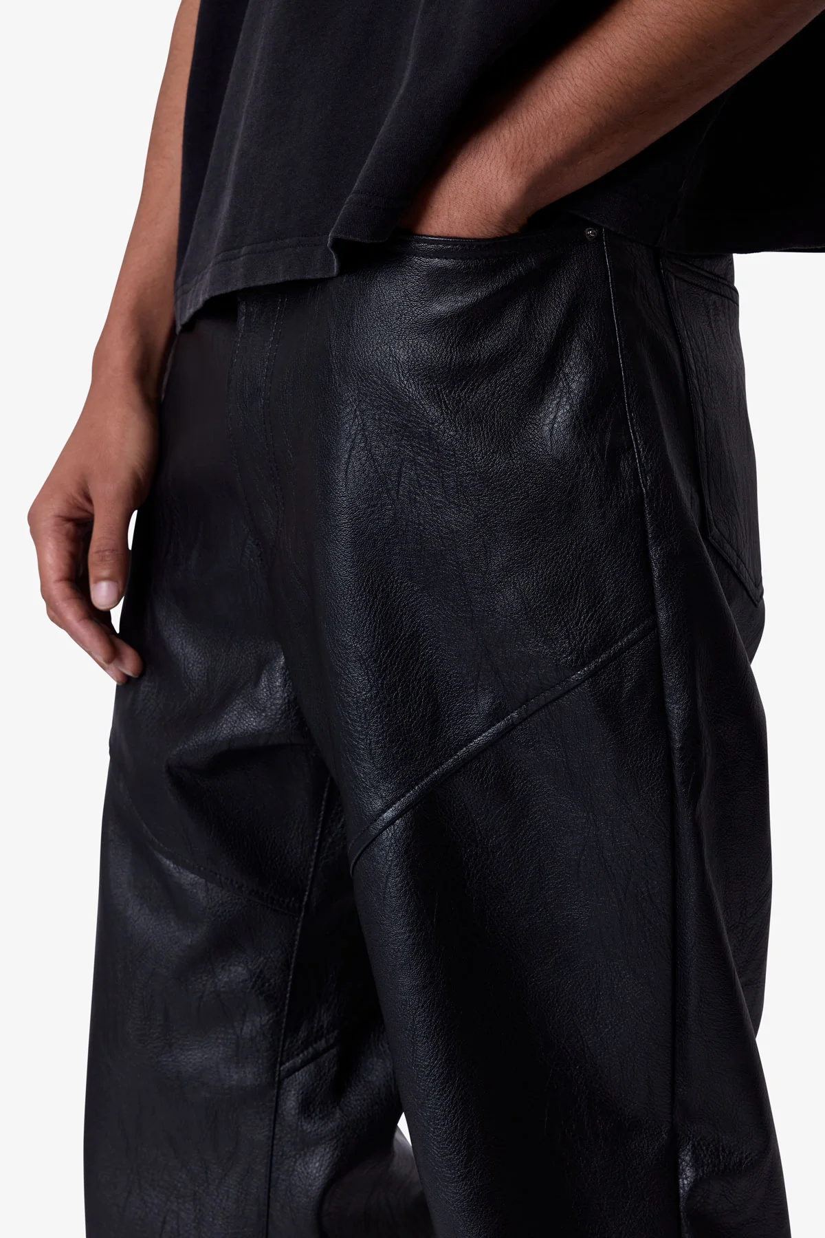 Ultra Baggy Paneled Leather Pants - Black - Image 8