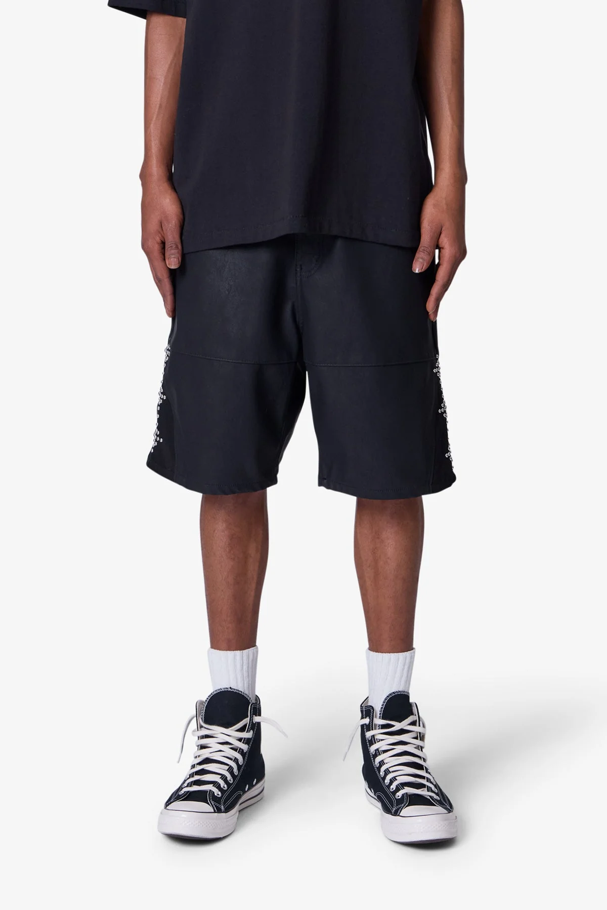 Ultra Baggy Leather Studded Shorts - Black - Image 3