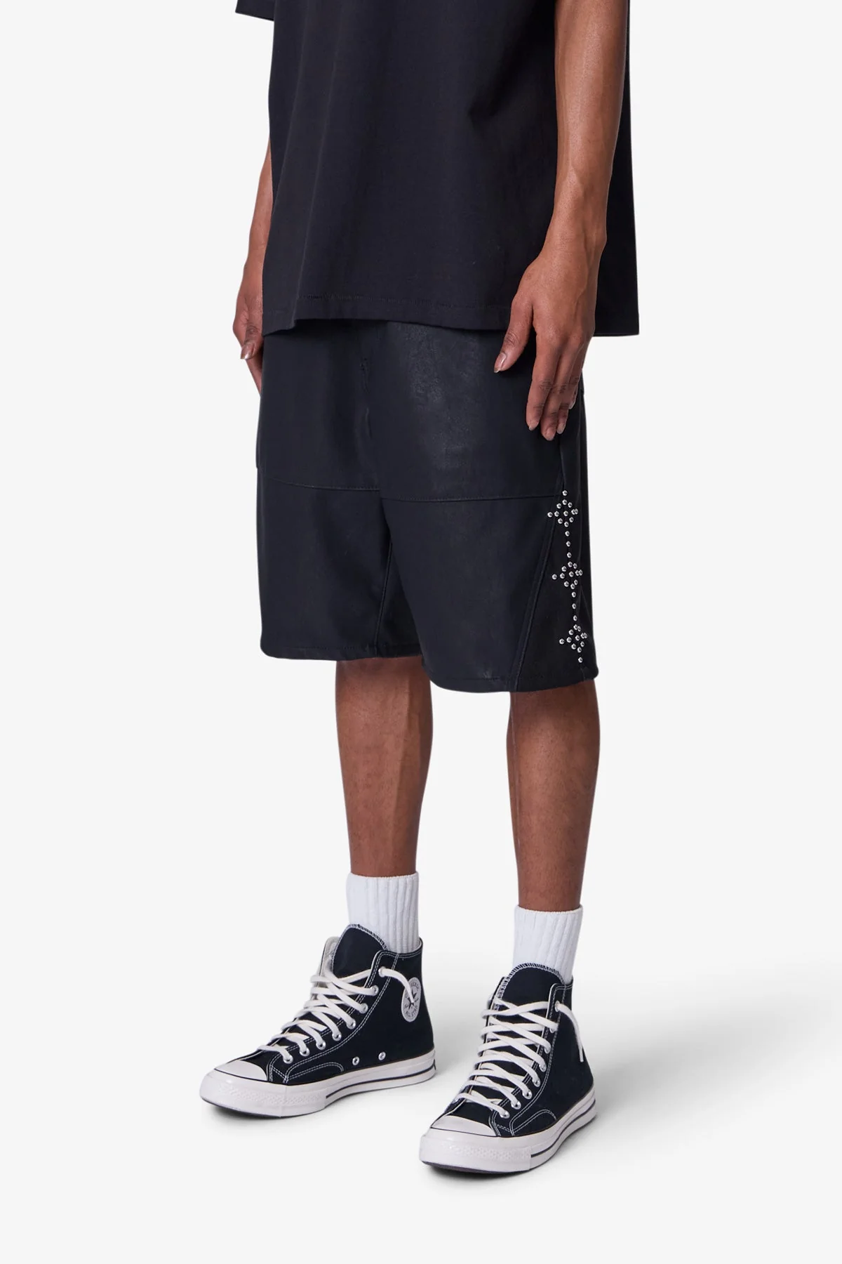 Ultra Baggy Leather Studded Shorts - Black - Image 4