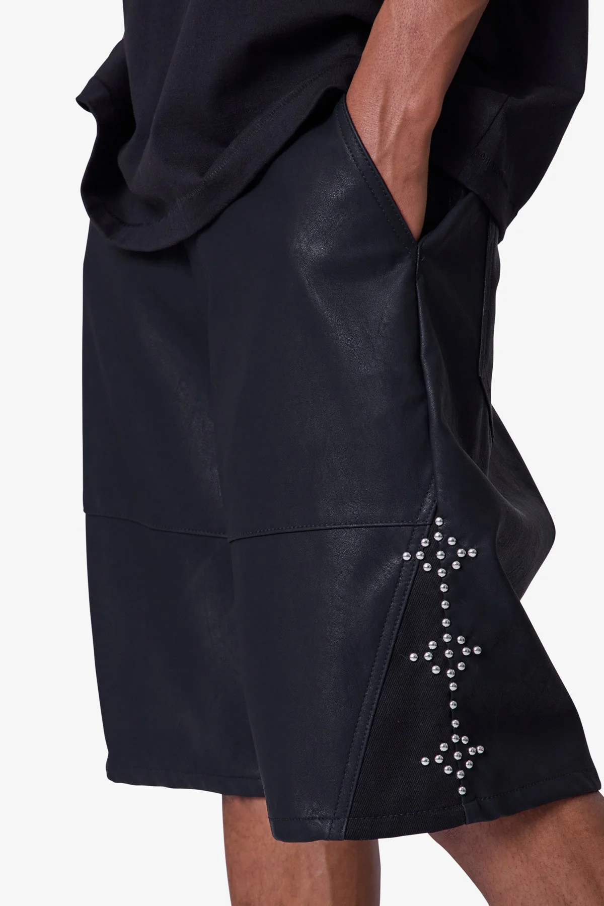 Ultra Baggy Leather Studded Shorts - Black - Image 7