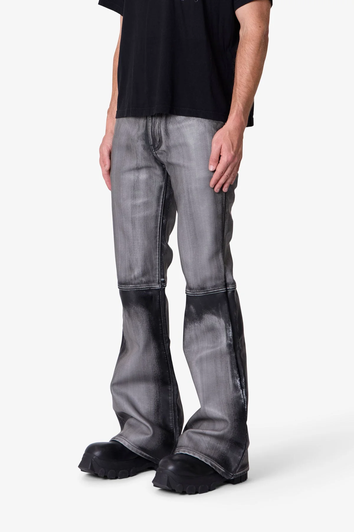Washed Leather Flare Pants - Black - Image 3