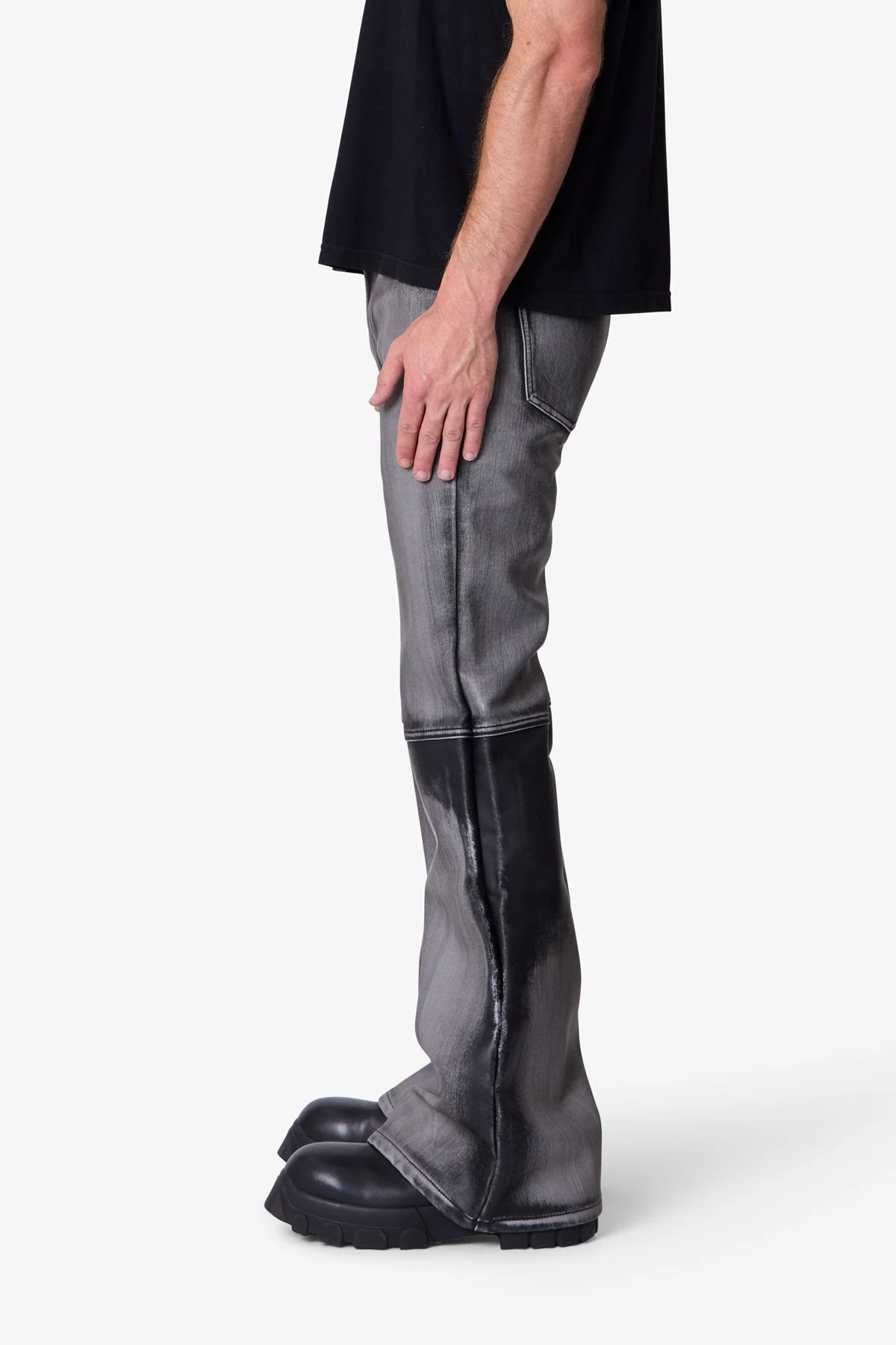 Washed Leather Flare Pants - Black - Image 4