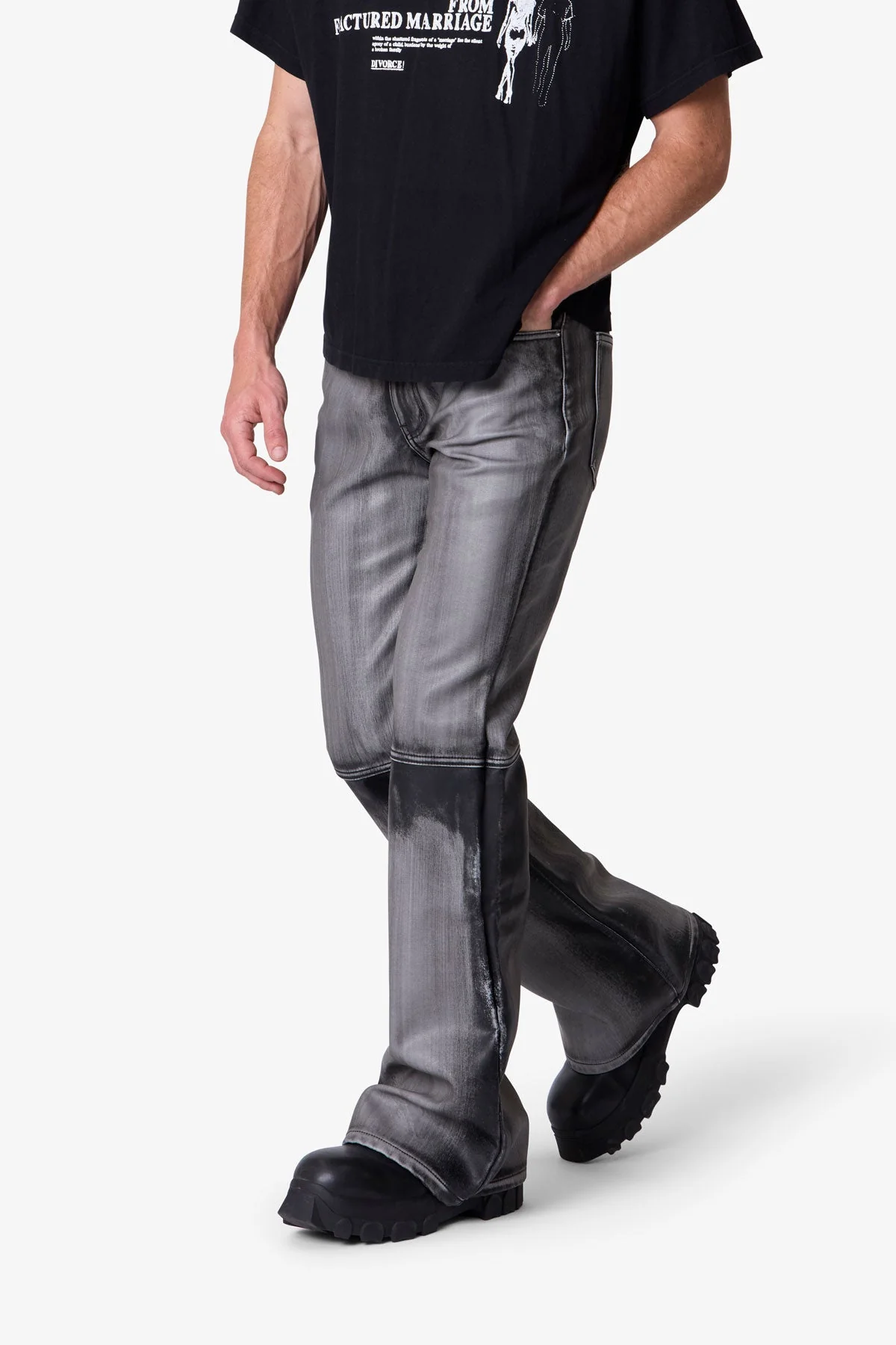 Washed Leather Flare Pants - Black - Image 6