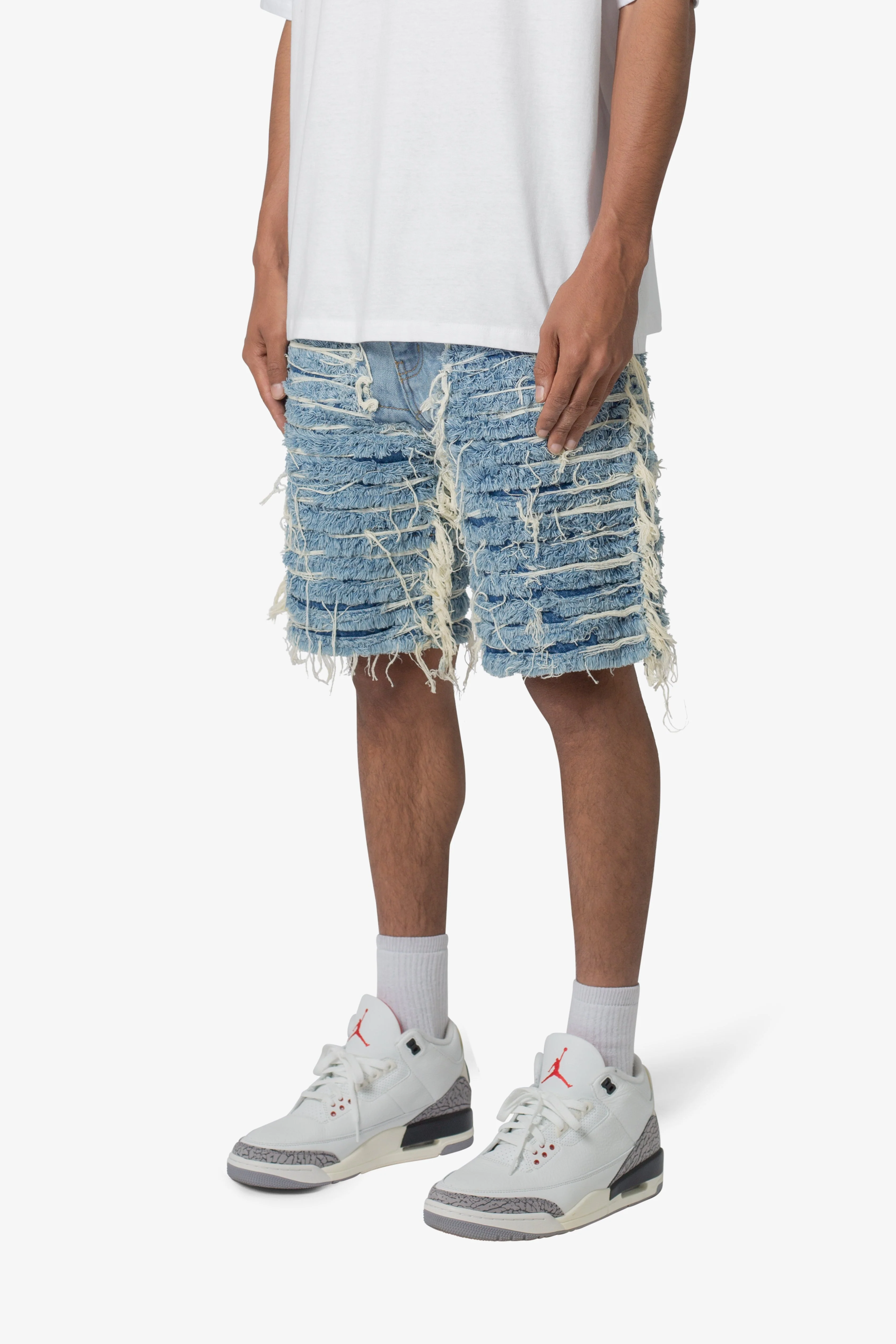 Allover Frayed Denim Shorts - Blue - Image 3