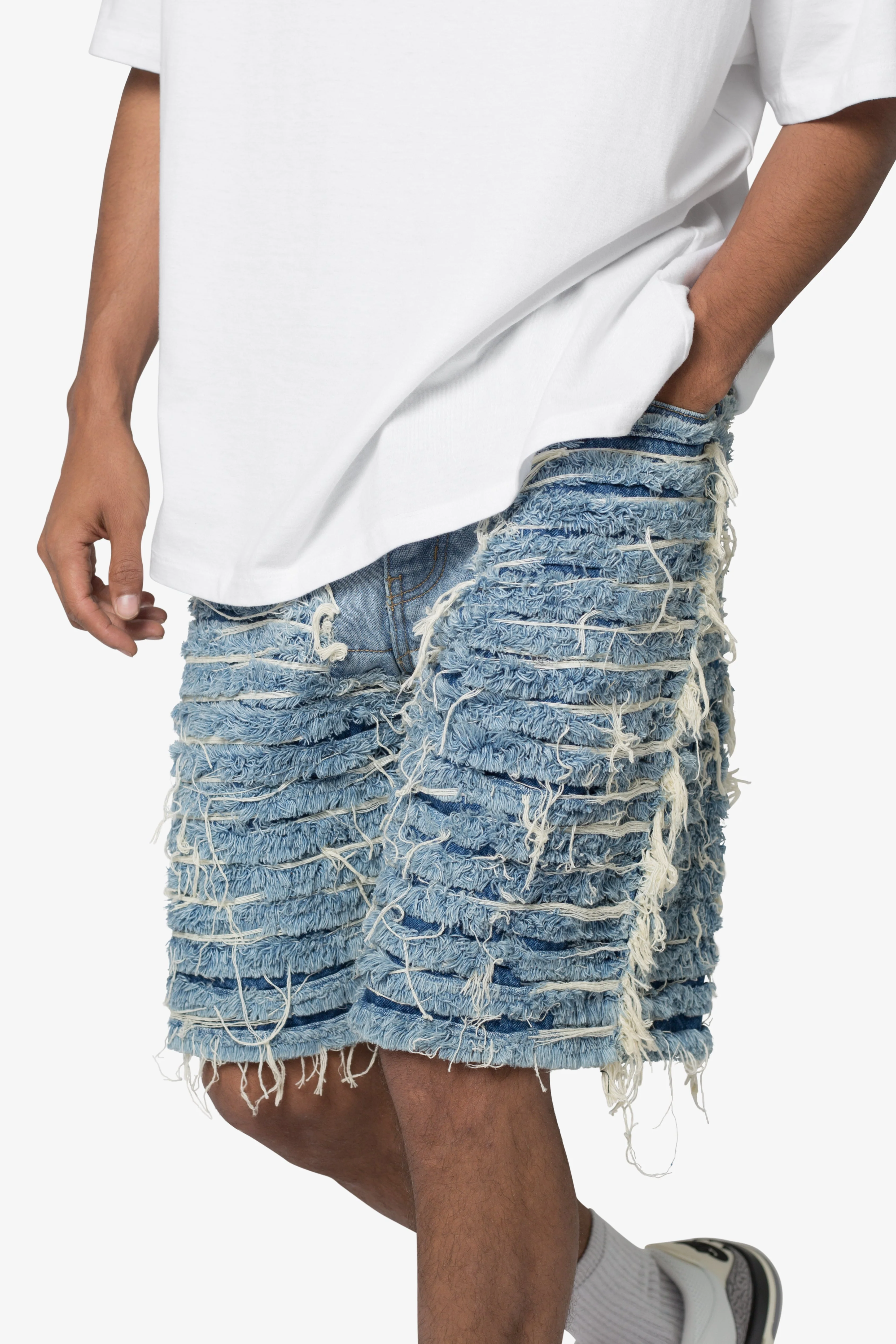 Allover Frayed Denim Shorts - Blue - Image 7