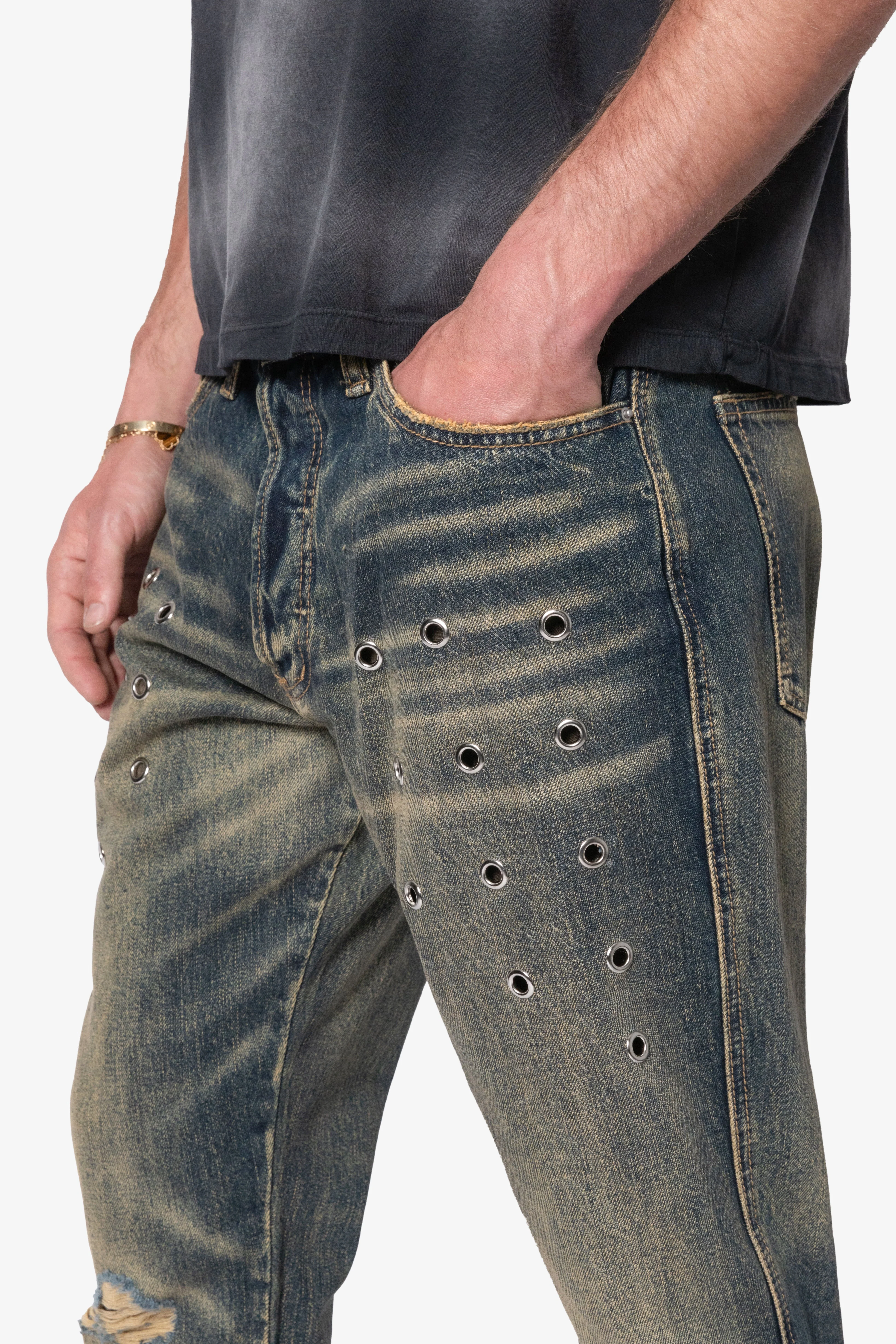 B384 Metal Eyelet Flare Denim - Rust - Image 7
