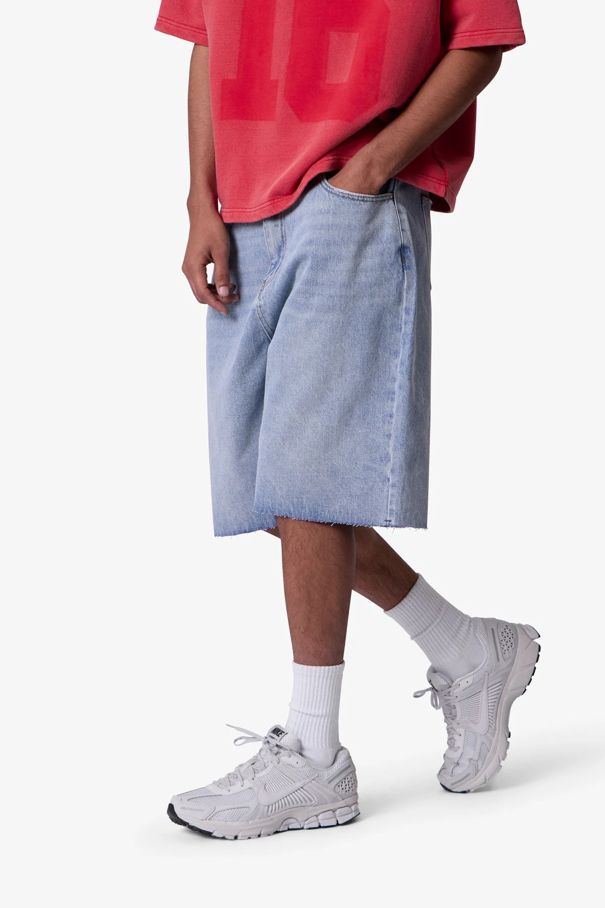 Baggy Cut Off Denim Shorts - Light Blue - Image 6