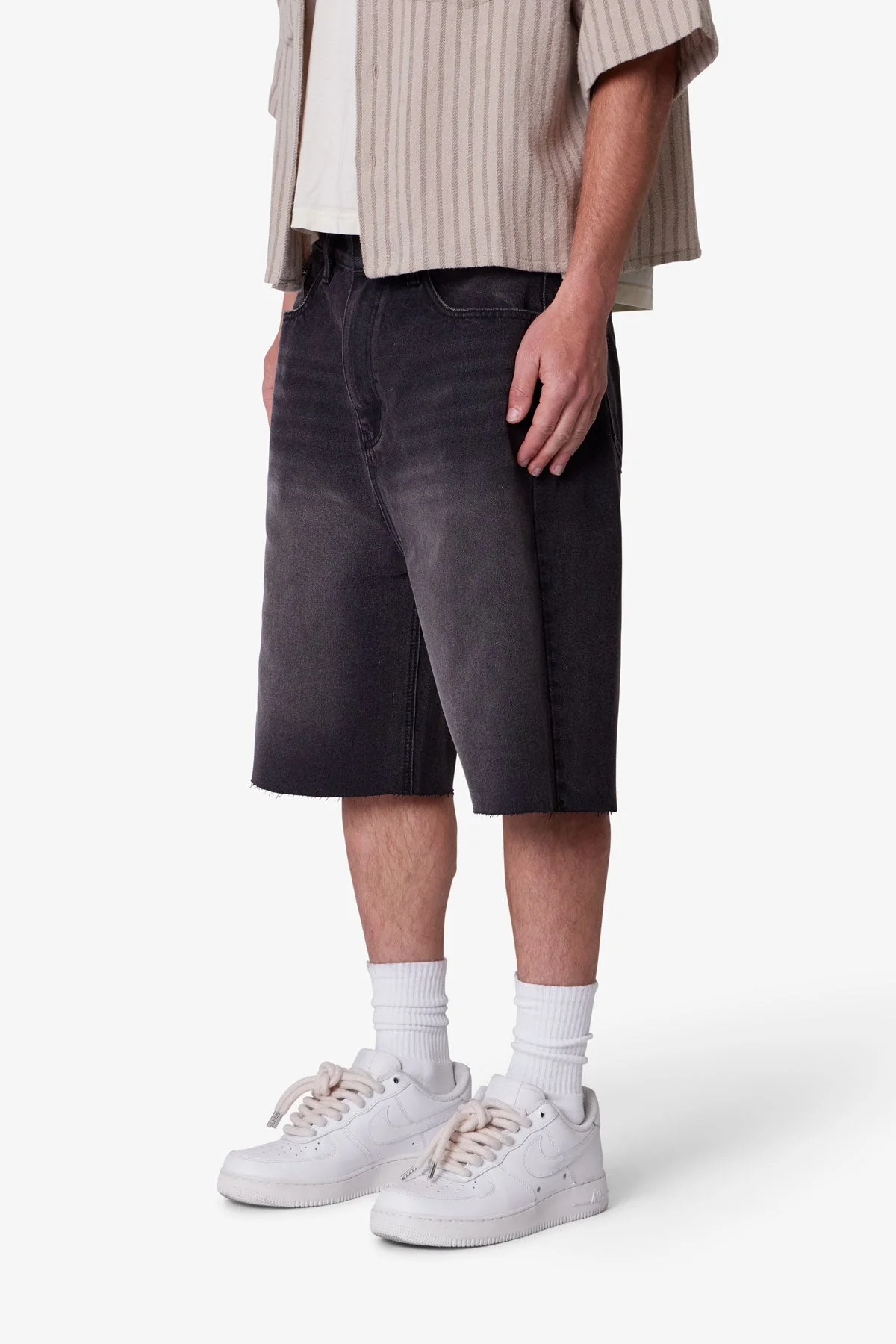Baggy Cut Off Denim Shorts - Washed Black - Image 3