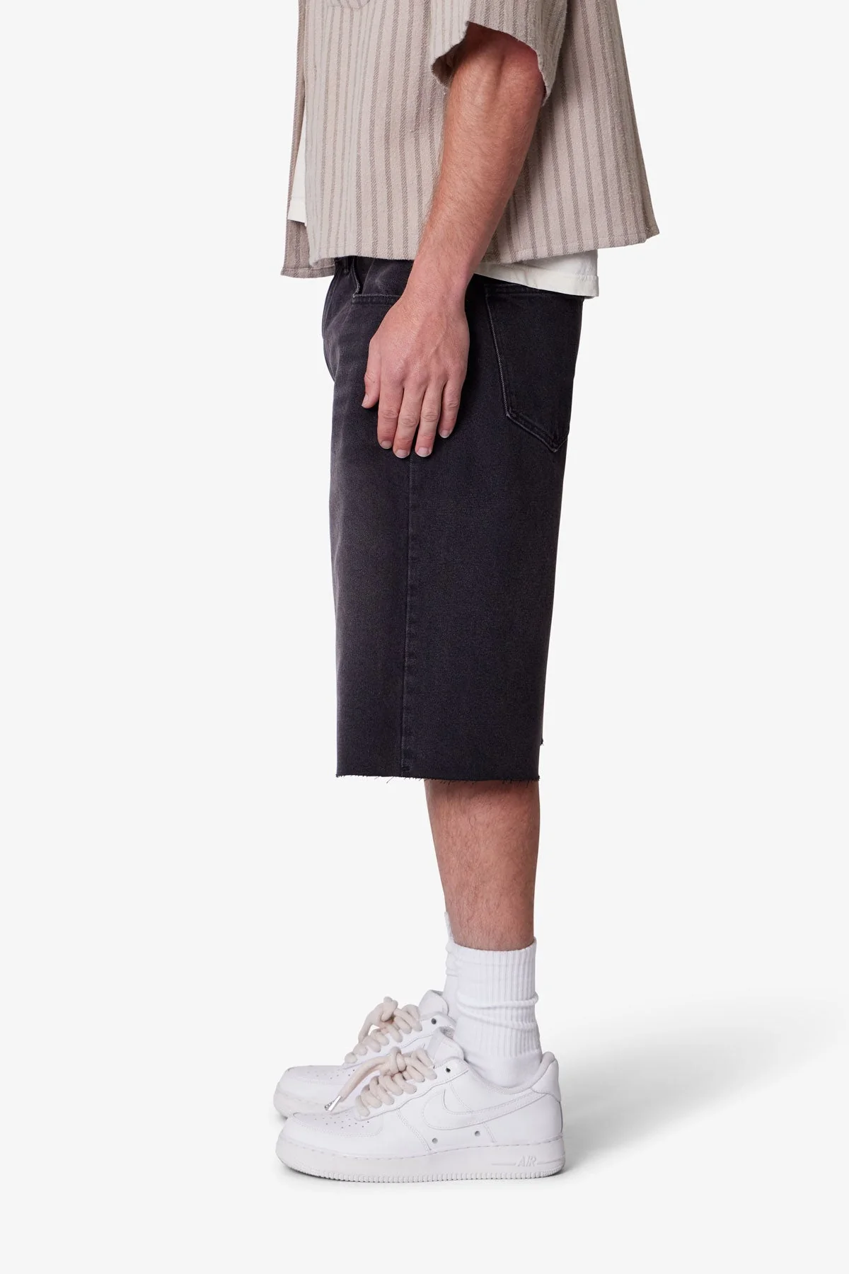 Baggy Cut Off Denim Shorts - Washed Black - Image 4