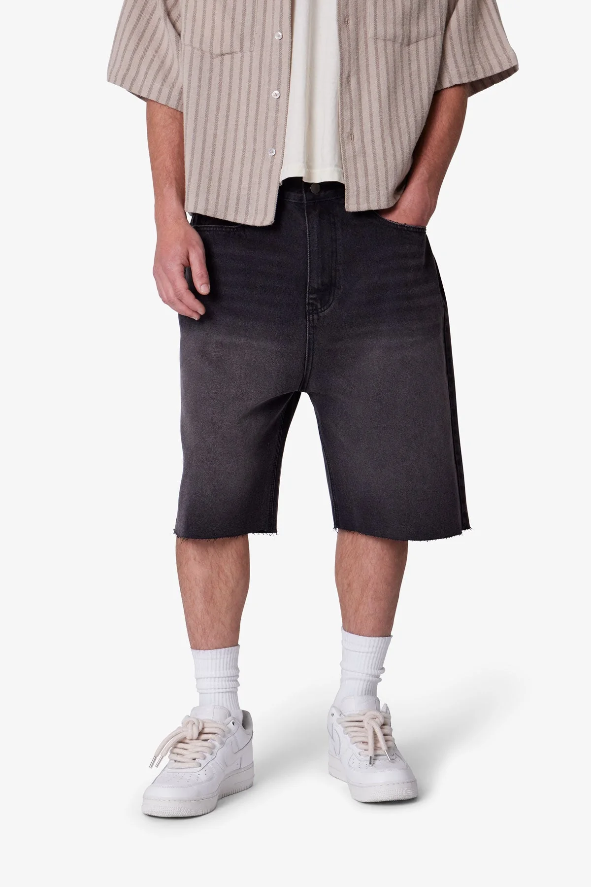 Baggy Cut Off Denim Shorts - Washed Black - Image 6