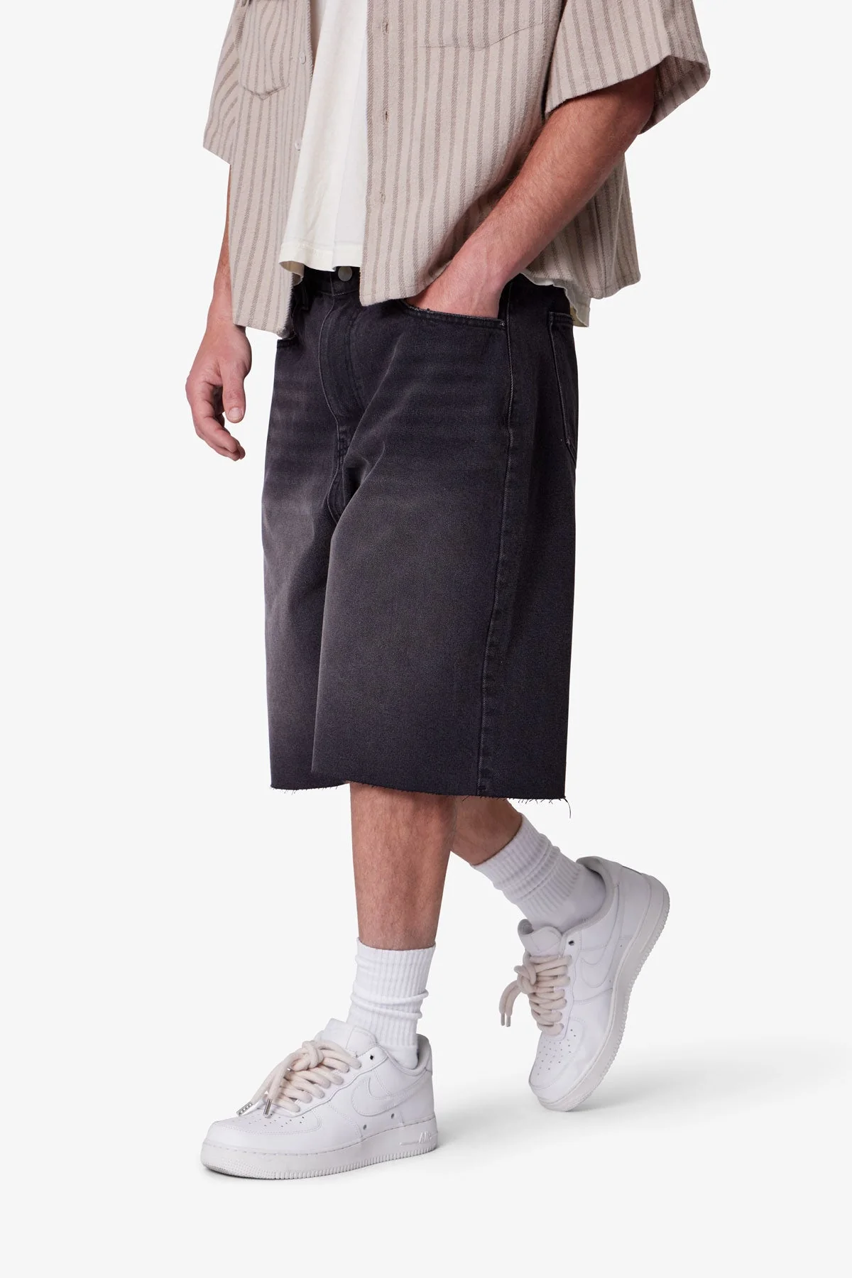 Baggy Cut Off Denim Shorts - Washed Black - Image 7