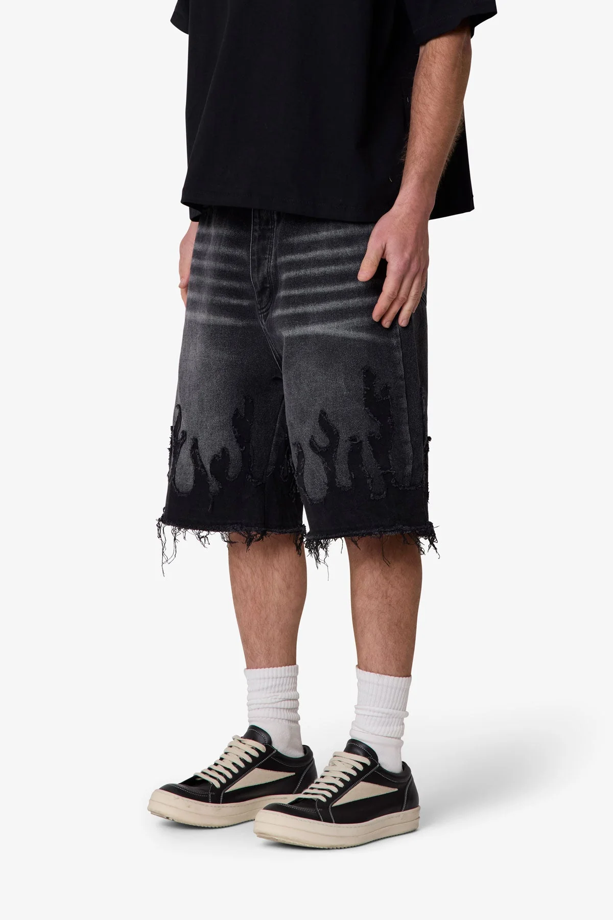 Baggy Flame Denim Shorts - Black - Image 3