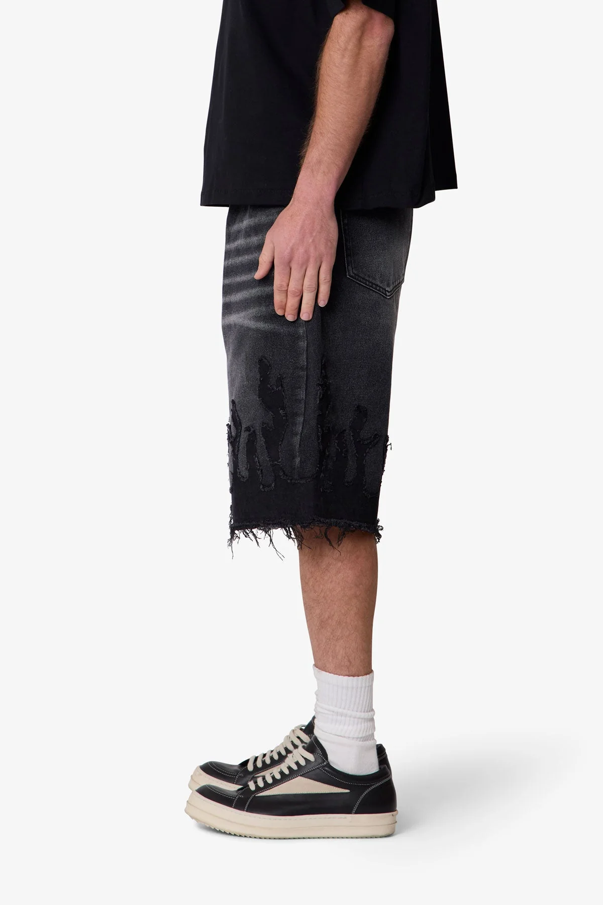 Baggy Flame Denim Shorts - Black - Image 4