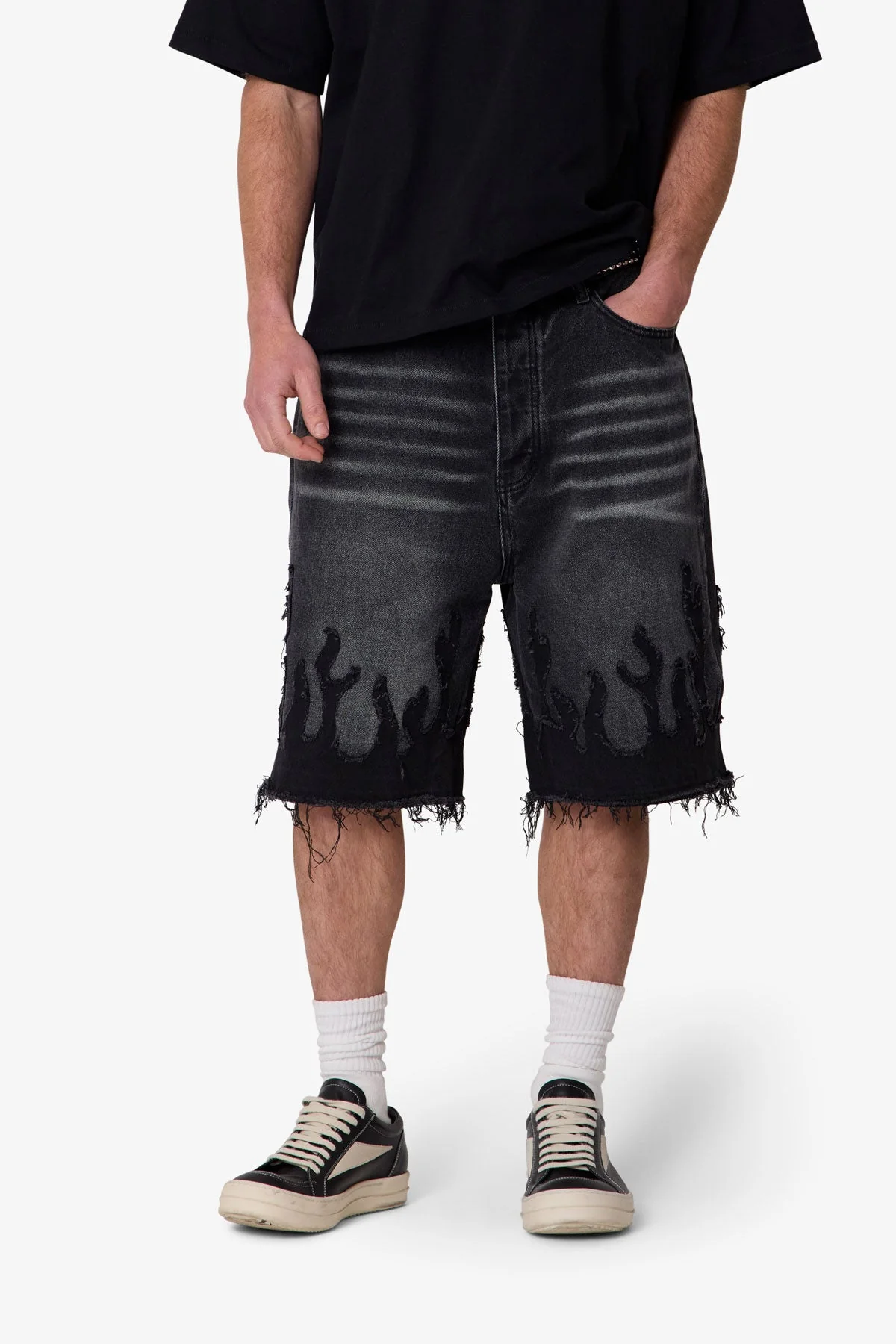Baggy Flame Denim Shorts - Black - Image 6