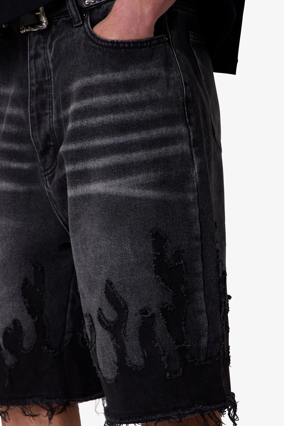 Baggy Flame Denim Shorts - Black - Image 7