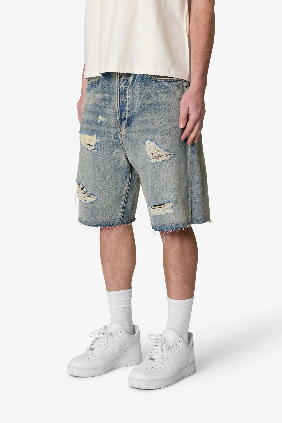 Baggy Ripped Denim Shorts - Vintage Blue - Image 3